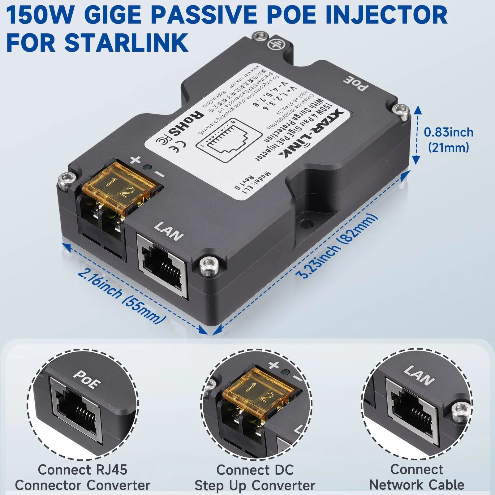 150W GigE Passive PoE Injector for Starlink Internet Kit Satellite -Built-in Surge and ESD Protection -48-57V PoE Power Injector Compatible with Starlink Satellite Dishy Gen2 V2 150w GigE Passive PoE Injector - Image 2