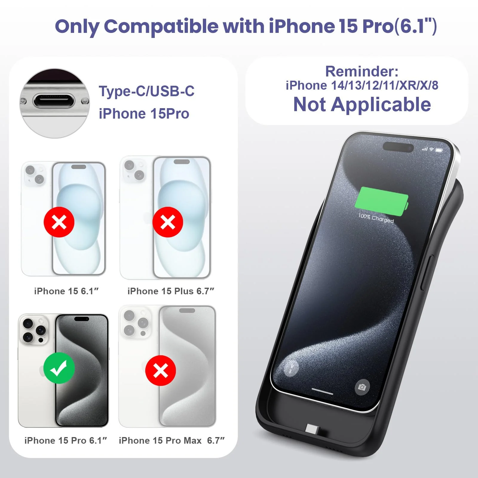 15W Fast Charging Battery Case for iPhone 15 Pro(6.1 inch),7500mAh Slim Portable Charging Case with 360°Protection,Rechargeable Extended Phone Charger Cover for iPhone 15 Pro Battery Case-Black Black - Image 2