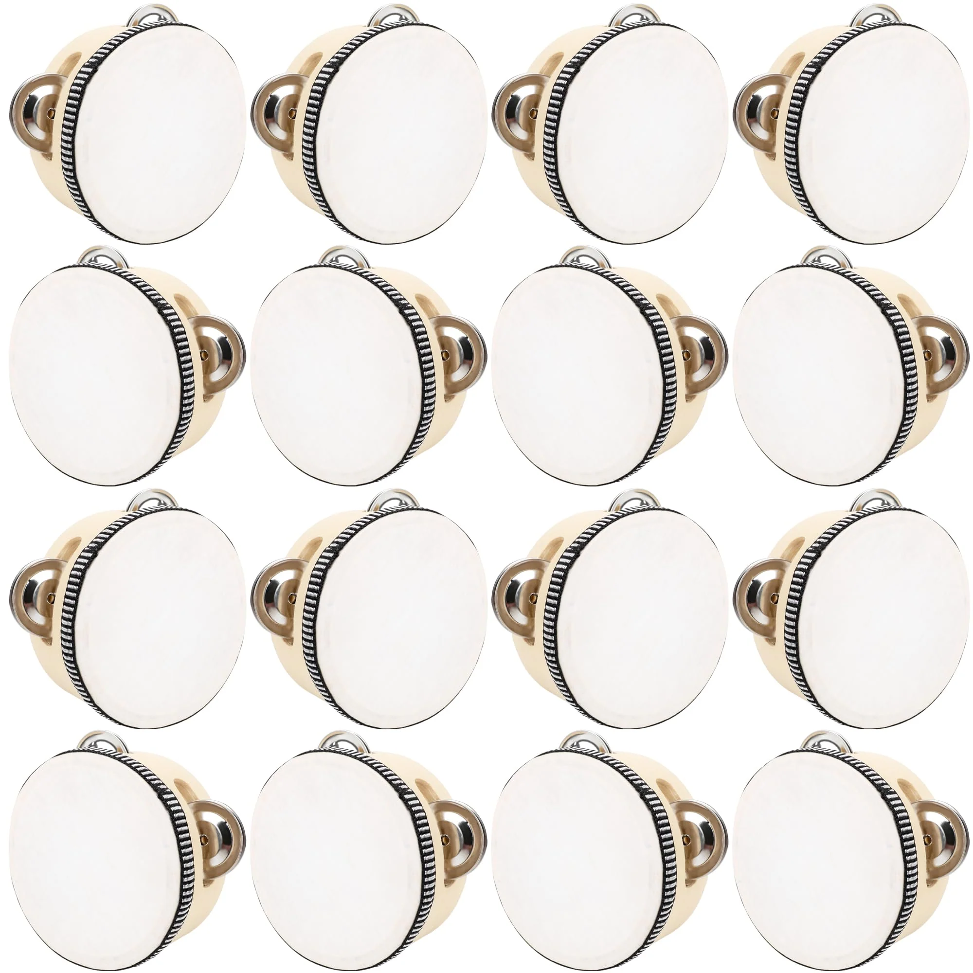 16 Pcs 4 Inch Adult Wedding Tambourines Drum Wooden Natural Handheld Drums Metal Jingles Drums Musical Instruments Percussion for Church Wedding Party Favor