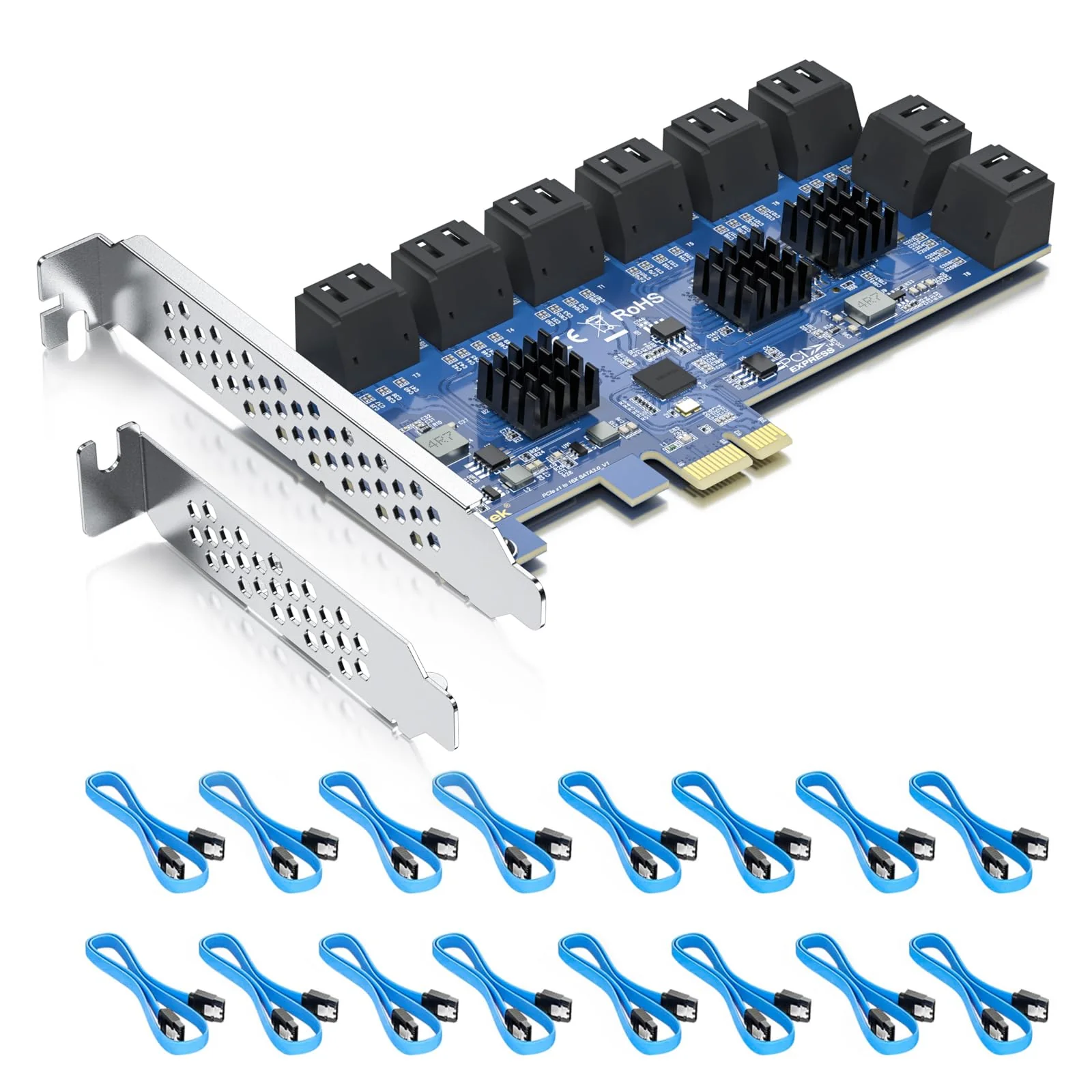 16 Port PCIe SATA Card, SATA3.0 Expansion Card, X1, with 16 SATA cable, Support SSD and HDD 16-Port, PCI-e X1
