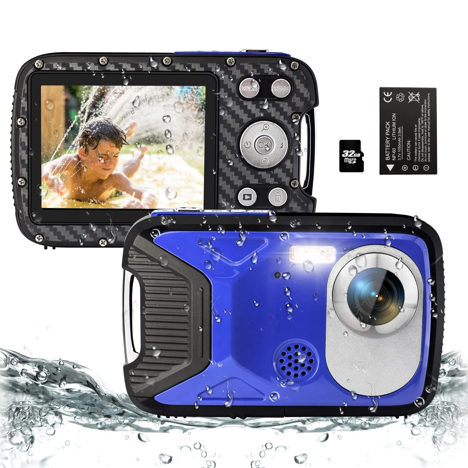 16FT Underwater Camera 30MP Waterproof Digital Camera with 32G Card and Rechargeable Battery, 18X Point and Shoot Camera for Boys Girls Children Teens Snorkeling Swimming Vacation(Blue) Blue