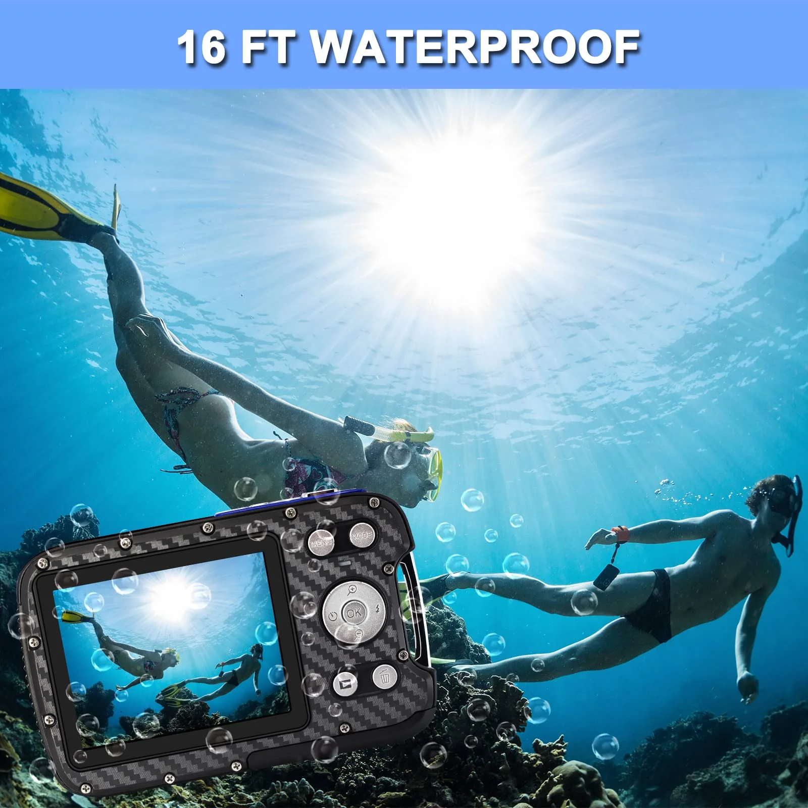 16FT Underwater Camera 30MP Waterproof Digital Camera with 32G Card and Rechargeable Battery, 18X Point and Shoot Camera for Boys Girls Children Teens Snorkeling Swimming Vacation(Blue) Blue - Image 3