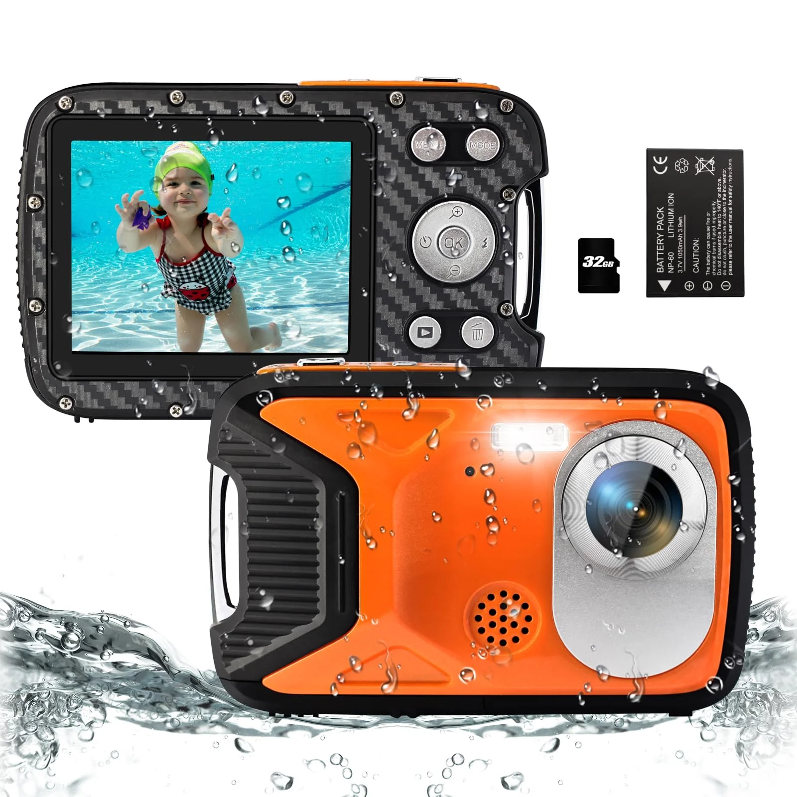 16FT Underwater Camera 30MP Waterproof Digital Camera with 32G Card and Rechargeable Battery, 18X Zoom Point and Shoot Camera for Boys Girls Children Teens Snorkeling Swimming Vacation(Orange) Orange