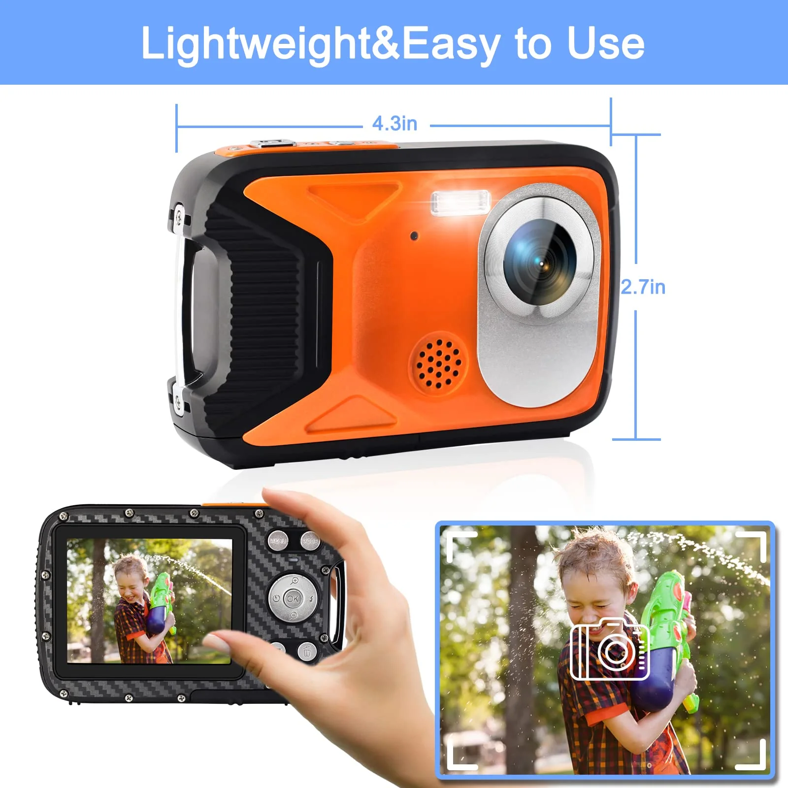 16FT Underwater Camera 30MP Waterproof Digital Camera with 32G Card and Rechargeable Battery, 18X Zoom Point and Shoot Camera for Boys Girls Children Teens Snorkeling Swimming Vacation(Orange) Orange - Image 6