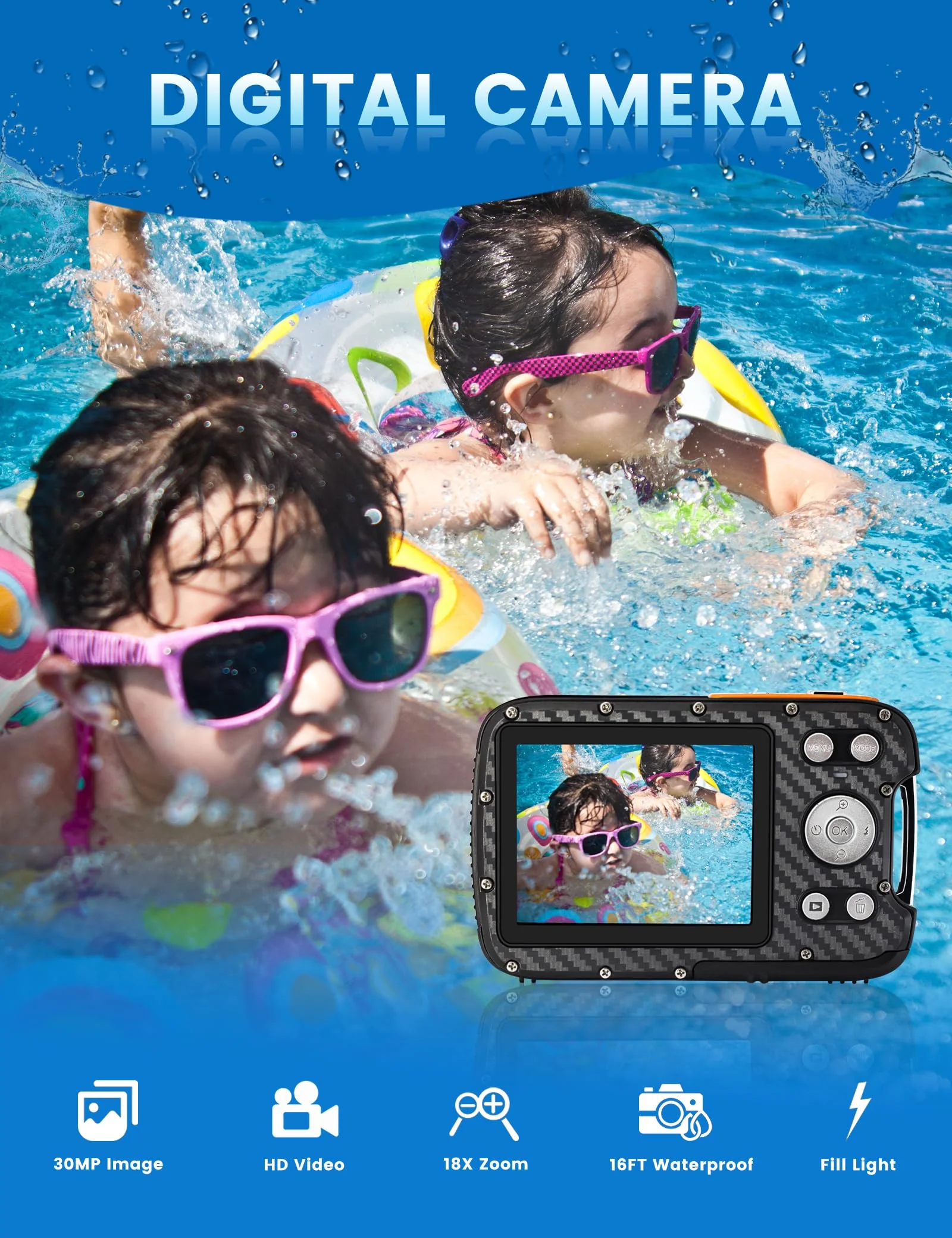 16FT Underwater Camera with Floating Strap and 32G Card, 30MP 18X Zoom Rechargeable Waterproof Camera for Snorkeling Swimming - Image 2