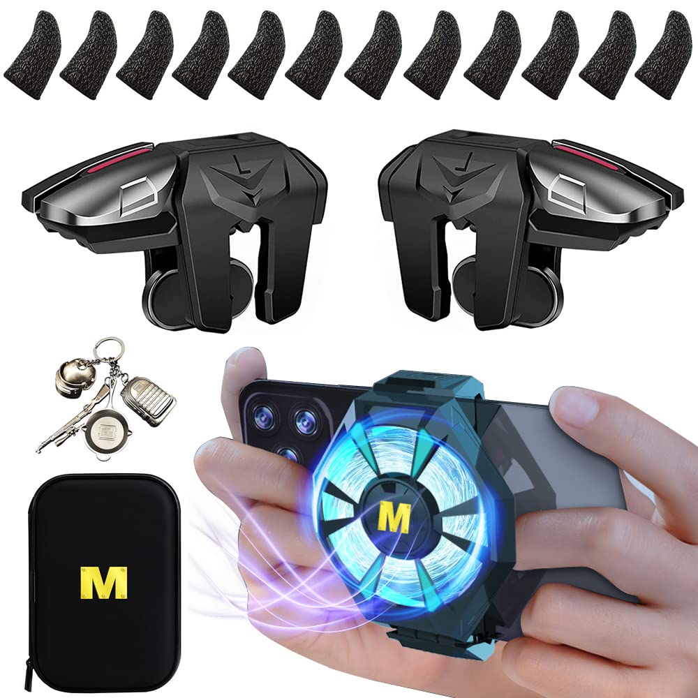 17 in 1 Universal Mobile Phone Cooler Radiator with LED Light Cell Phone Cooling fan, 2pcs L2R2 Mobile Game Controllers Triggers for PUBG/Fortnite/Call of Duty and 12pcs Finger Gloves Sleeves