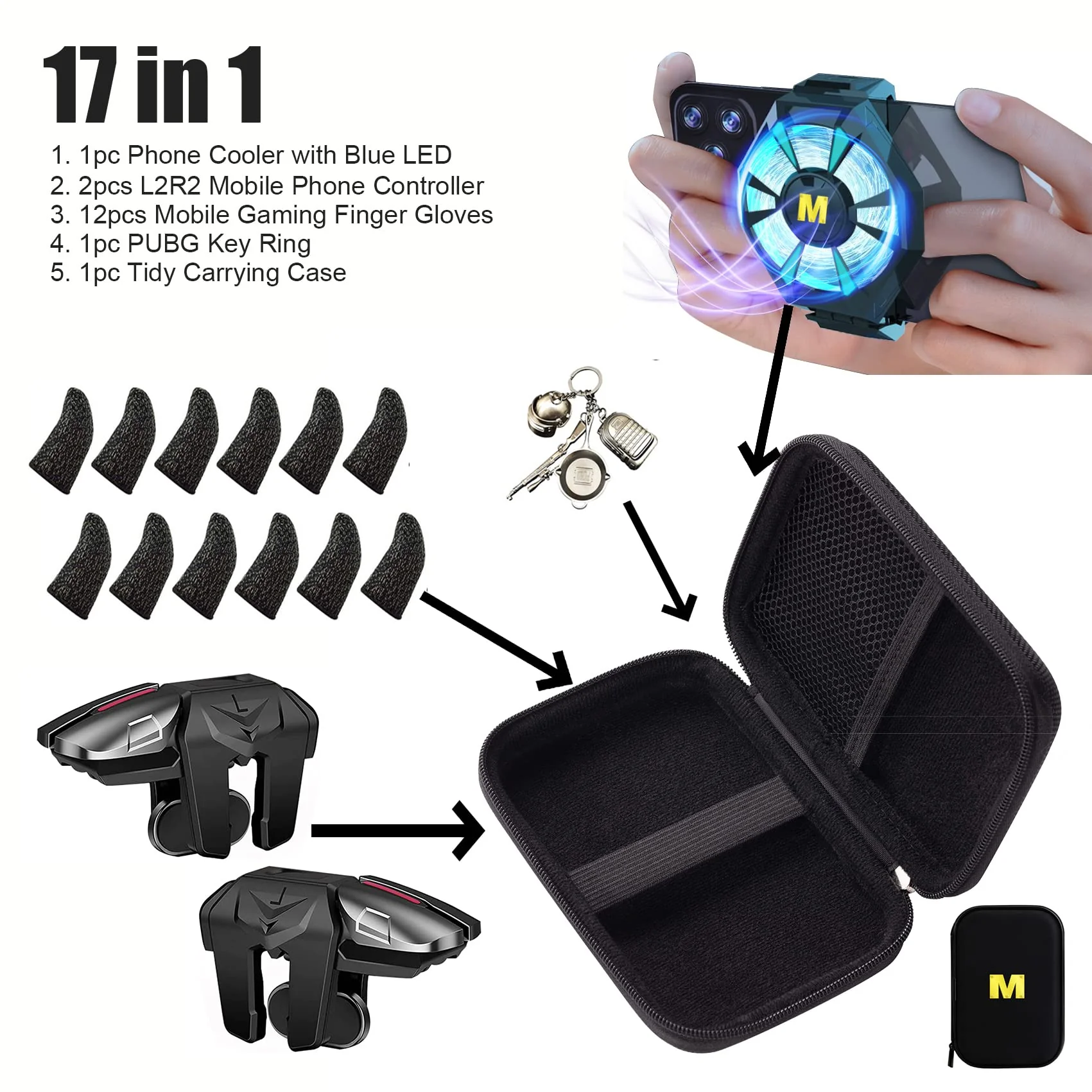 17 in 1 Universal Mobile Phone Cooler Radiator with LED Light Cell Phone Cooling fan, 2pcs L2R2 Mobile Game Controllers Triggers for PUBG/Fortnite/Call of Duty and 12pcs Finger Gloves Sleeves - Image 2