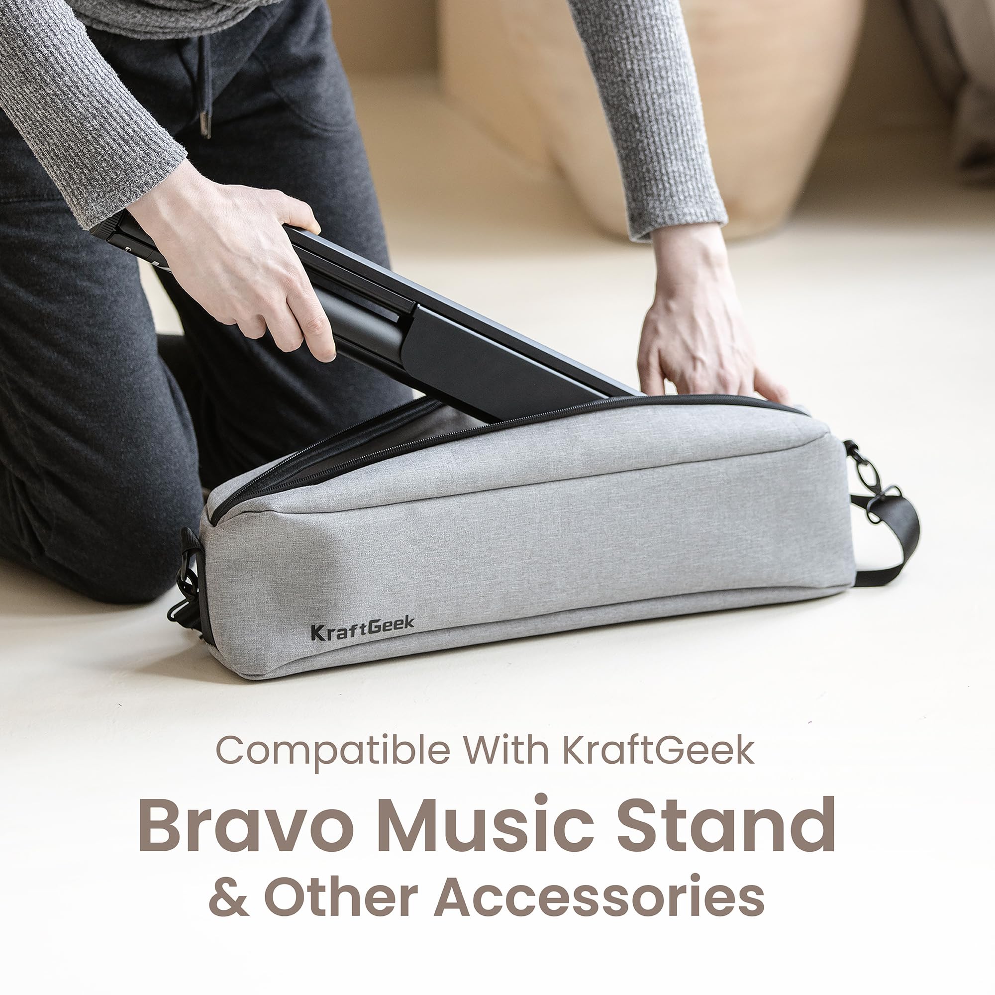 18.5" Music Stand Carrying Case Compatible with KraftGeek Music Stand, Single Compartments with Pockets, Heavy Duty with Adjustable Straps Gray - Image 2