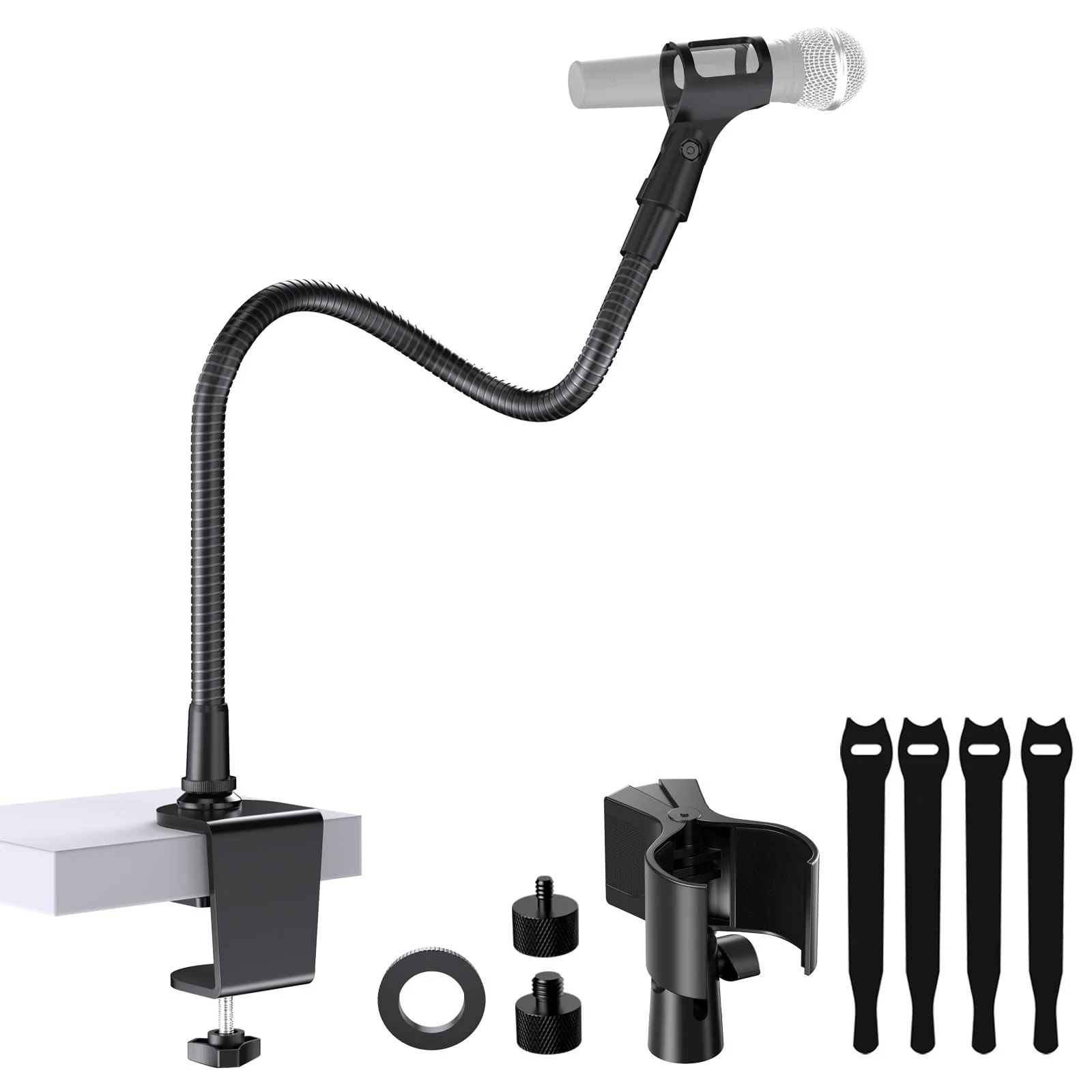 19" Gooseneck Microphone Stand【Heavy Duty】with Desktop Clamp, Flexible Gooseneck Arm, and Dual Mic Holders. Includes 1/4" & 3/8" Adapters. Ideal for Podium, Church, Lecture, and Recording Studio