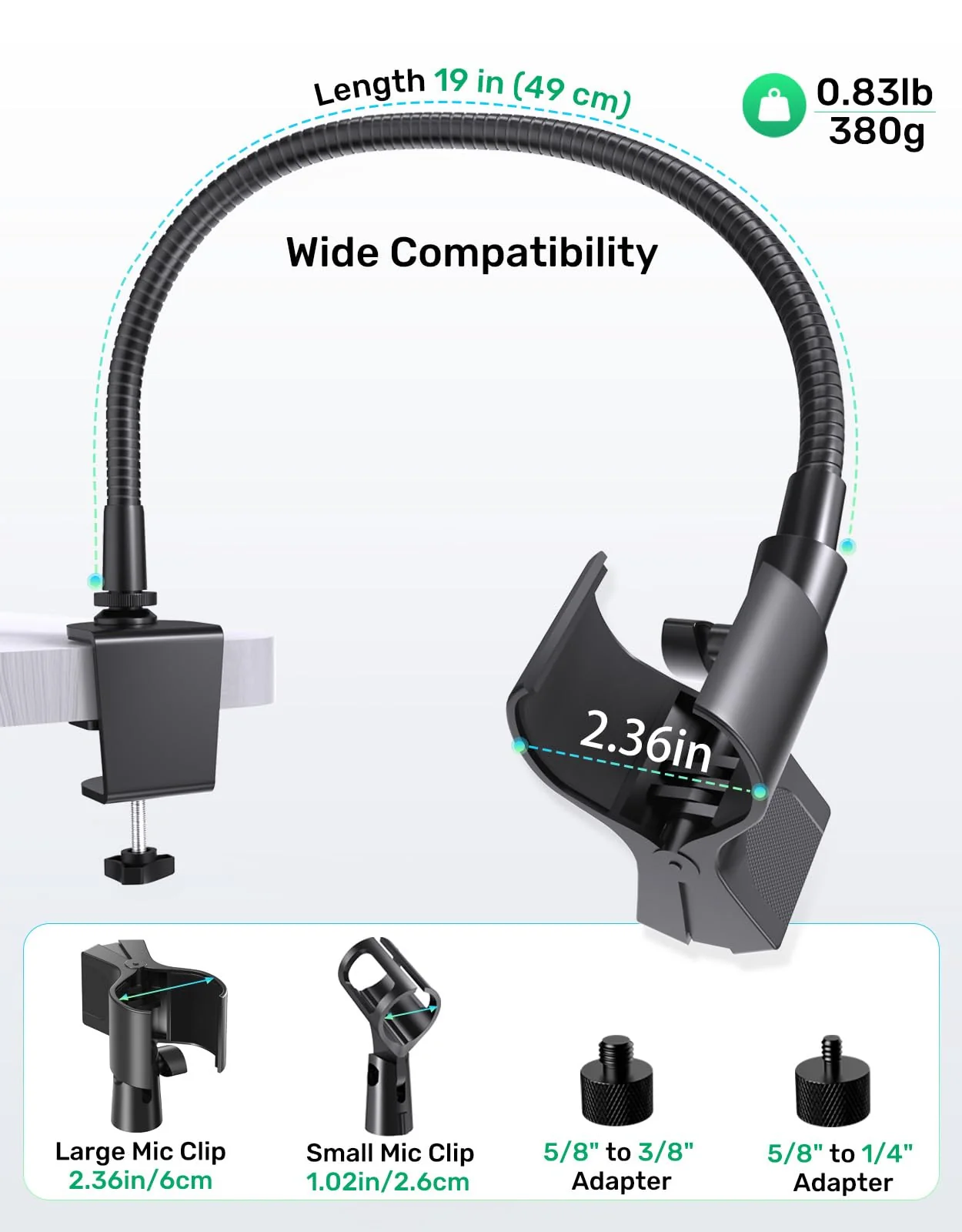 19" Gooseneck Microphone Stand【Heavy Duty】with Desktop Clamp, Flexible Gooseneck Arm, and Dual Mic Holders. Includes 1/4" & 3/8" Adapters. Ideal for Podium, Church, Lecture, and Recording Studio - Image 4