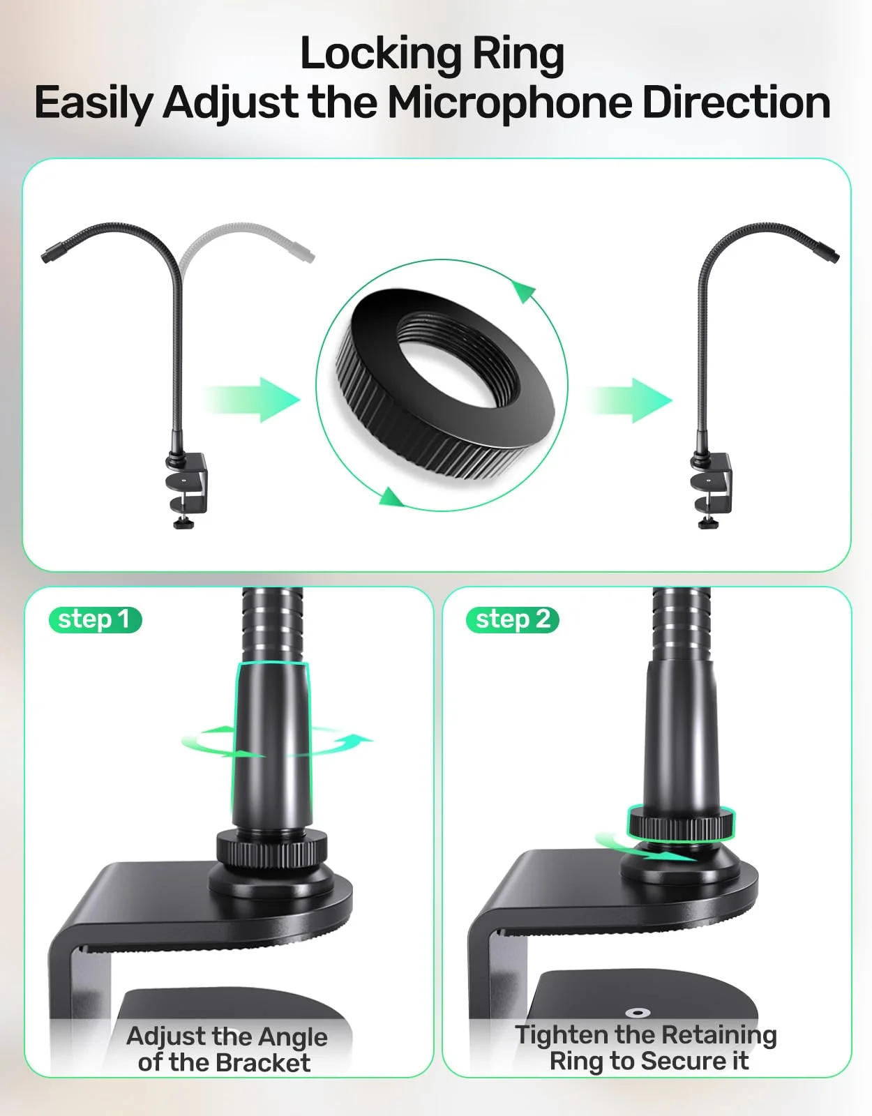 19" Gooseneck Microphone Stand【Heavy Duty】with Desktop Clamp, Flexible Gooseneck Arm, and Dual Mic Holders. Includes 1/4" & 3/8" Adapters. Ideal for Podium, Church, Lecture, and Recording Studio - Image 7