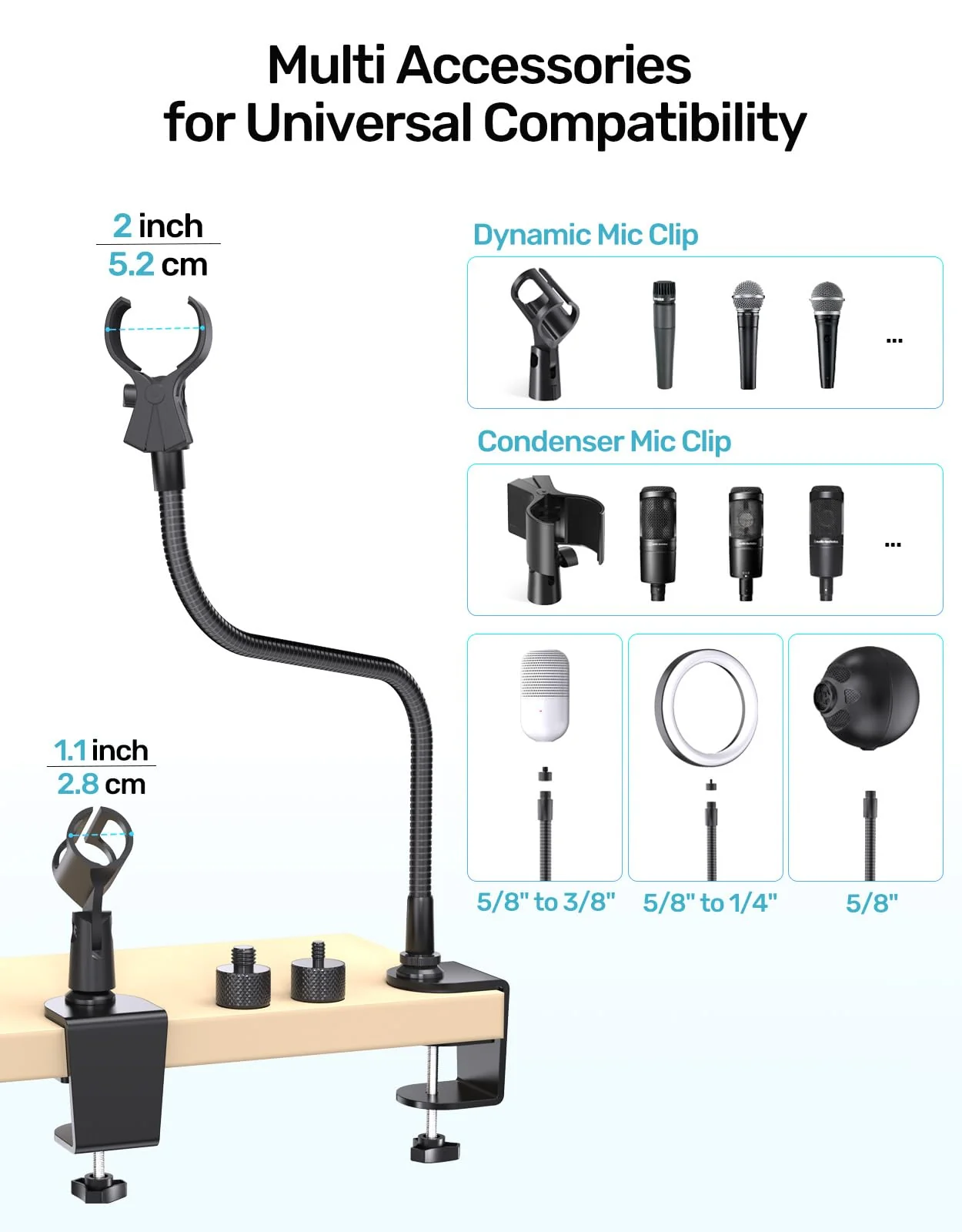 19-inch Gooseneck Microphone Stand with Desk Clamp - High Weight Capacity & Flexible Desktop Gooseneck Arm Clip Holder, 1/4" & 3/8" Adapters, Ideal for Podium, Church, Lecture, Recording Studio - Image 3