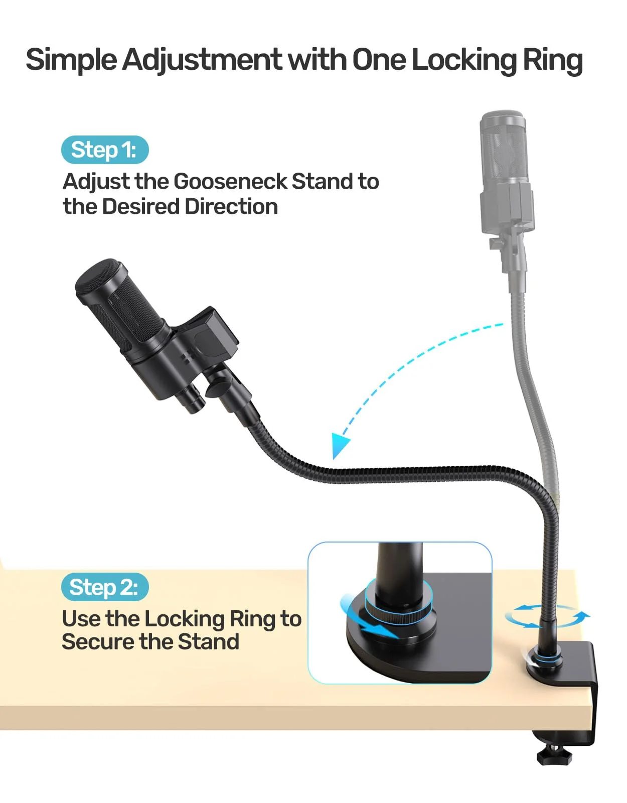 19-inch Gooseneck Microphone Stand with Desk Clamp - High Weight Capacity & Flexible Desktop Gooseneck Arm Clip Holder, 1/4" & 3/8" Adapters, Ideal for Podium, Church, Lecture, Recording Studio - Image 7