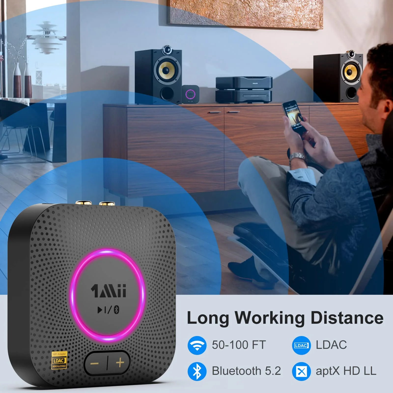 1Mii B06S+ Bluetooth 5.2 Receiver, HiFi Bluetooth Audio Adapter w/LDAC, aptx HD & aptx Low Latency, Long Range Hi-Res Audio with Volume Control, 3.5mm & RCA outputs, Easy Setup for Home Stereo System B06S+ - Image 5