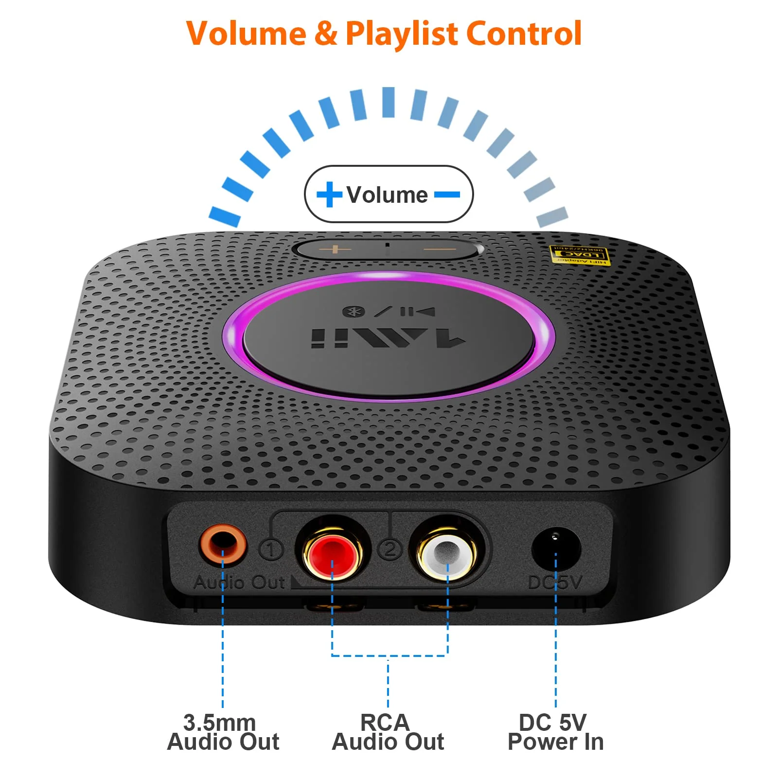 1Mii B06S+ Bluetooth 5.2 Receiver, HiFi Bluetooth Audio Adapter w/LDAC, aptx HD & aptx Low Latency, Long Range Hi-Res Audio with Volume Control, 3.5mm & RCA outputs, Easy Setup for Home Stereo System B06S+ - Image 7
