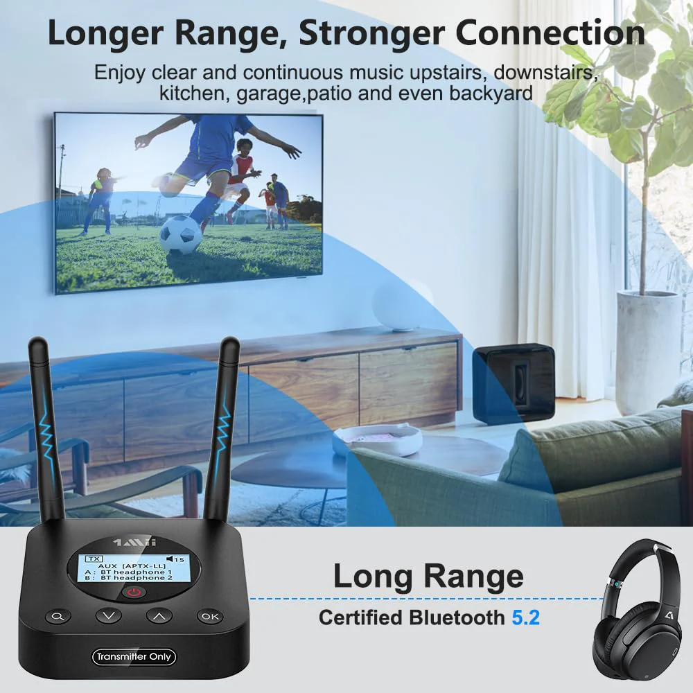 1Mii B06TX+ Long Range Bluetooth 5.2 Transmitter for TV/PC/Projector to 2 Wireless Headphones/Speakers, Bluetooth Adapter for TV w/Screen Display Plug n Play, aptX Low Latency & HD Audio B06TX+ - Image 5