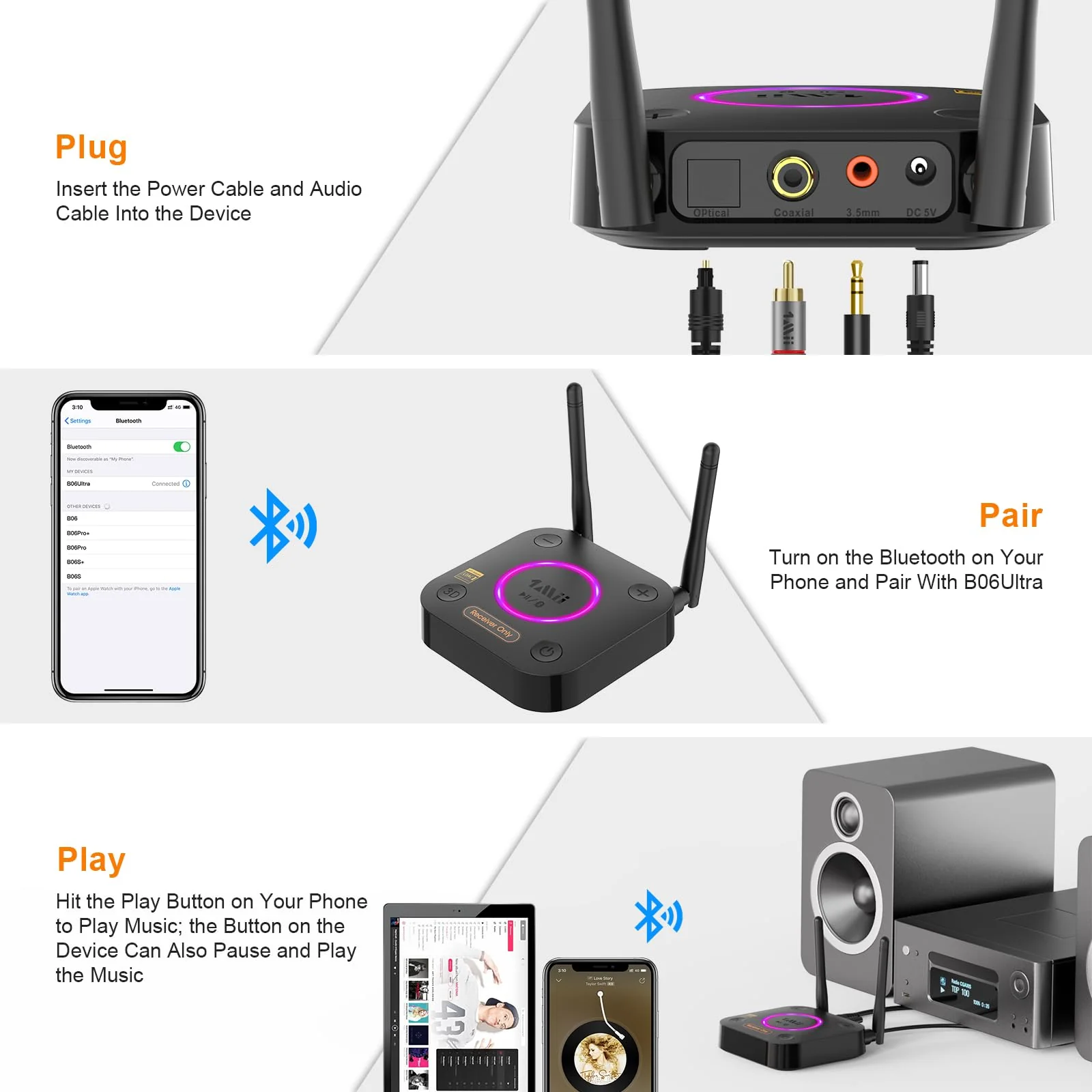 1Mii B06Ultra Bluetooth 5.2 Receiver with LDAC for Hi-Res Wireless Audio, HiFi Bluetooth Audio Adapter w/Audiophile DAC, 3D Surround aptX HD Low Latency, Optical AUX 3.5mm Coaxial for Home Stereo B06Ultra Black - Image 6