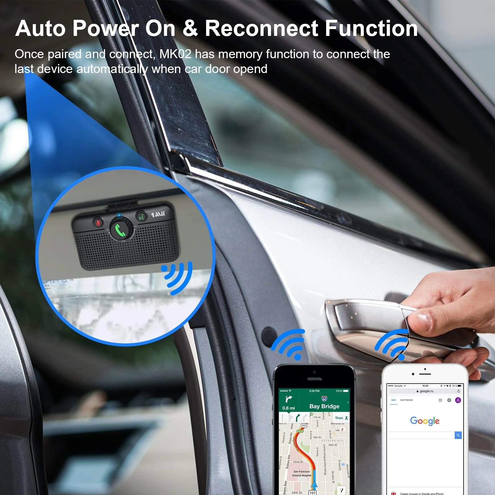 1Mii Bluetooth 5.3 Car Speaker, Handsfree Bluetooth Speakerphone for Cell Phone, Motion Auto On, Support Siri Google Voice Assistant for Android and iOS, Bluetooth 5.3 Car Kit with Visor Clip MK02 - Image 4
