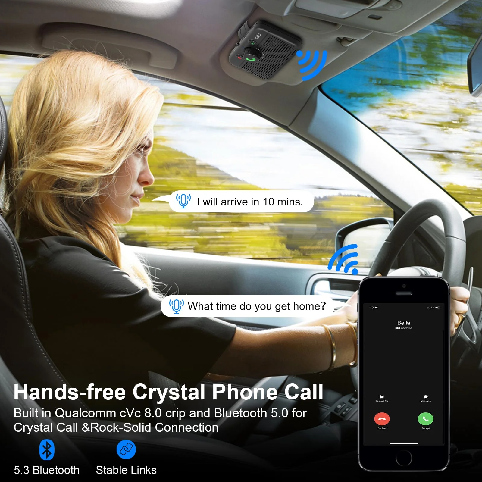 1Mii Bluetooth 5.3 Car Speaker, Handsfree Bluetooth Speakerphone for Cell Phone, Motion Auto On, Support Siri Google Voice Assistant for Android and iOS, Bluetooth 5.3 Car Kit with Visor Clip MK02 - Image 5