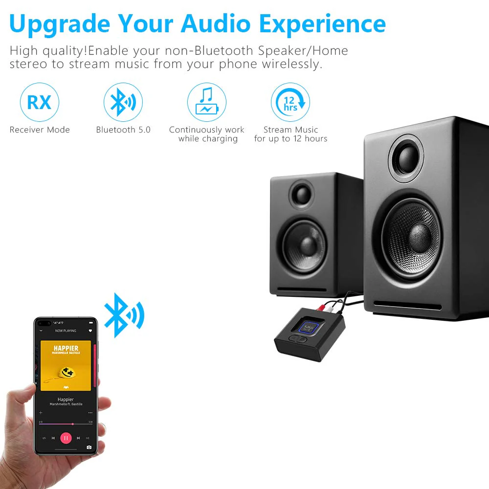 1Mii Bluetooth Audio Receiver 12hrs Playtime, Bluetooth 5.1 Adapter for Home Stereo Music Streaming System, Low Latency, Bass Mode(Audio Only) Black - Image 2