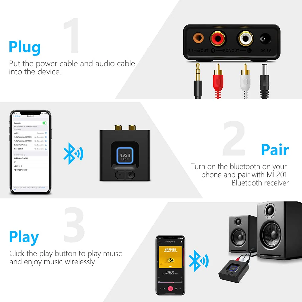 1Mii Bluetooth Audio Receiver 12hrs Playtime, Bluetooth 5.1 Adapter for Home Stereo Music Streaming System, Low Latency, Bass Mode(Audio Only) Black - Image 6