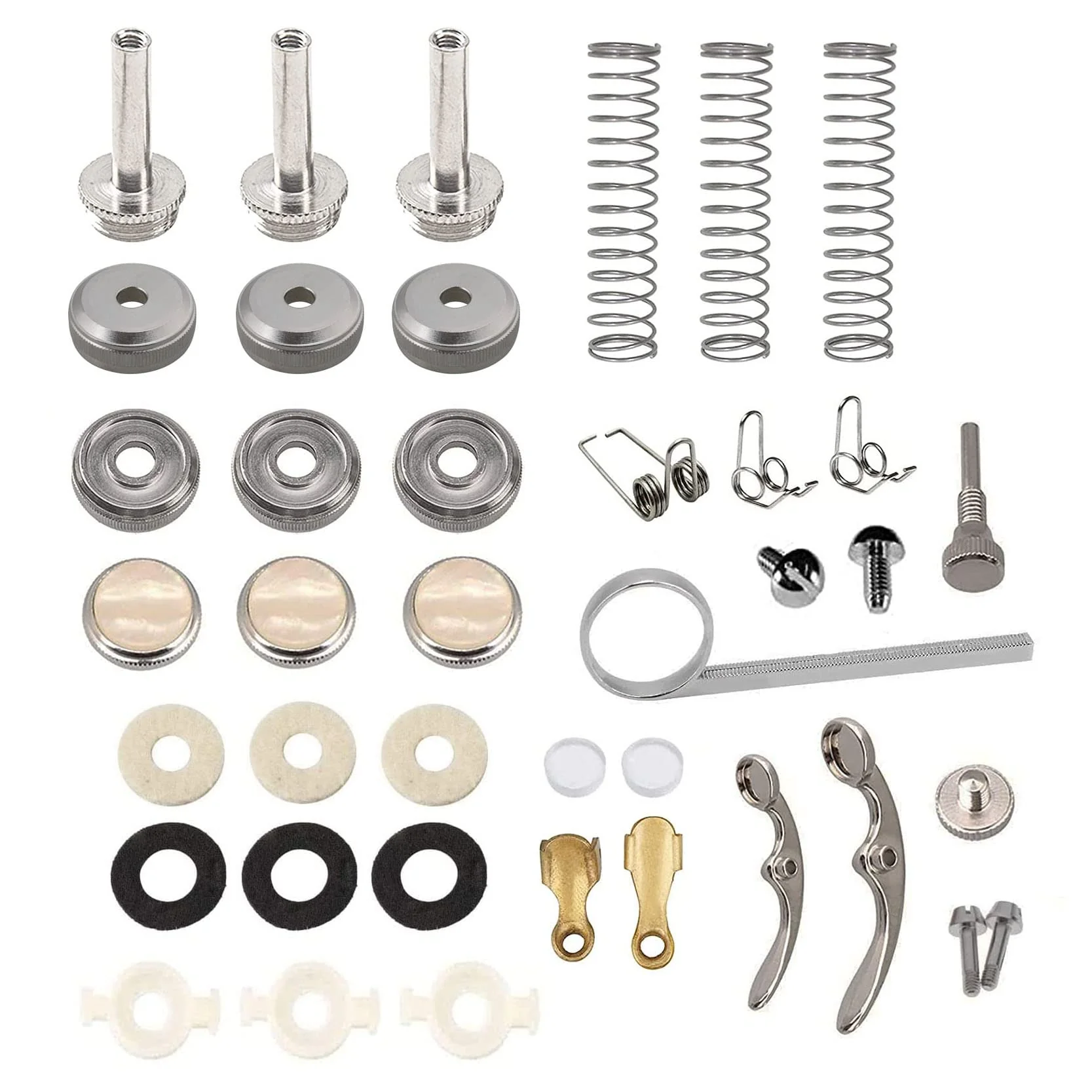 1Set Trumpet Repair Kit Trumpet Valve Finger Buttons Connecting Rods Valve Caps Piston Guides Spring Felt Washer Water Key Spit Valve Replacement 40Pcs, Silver