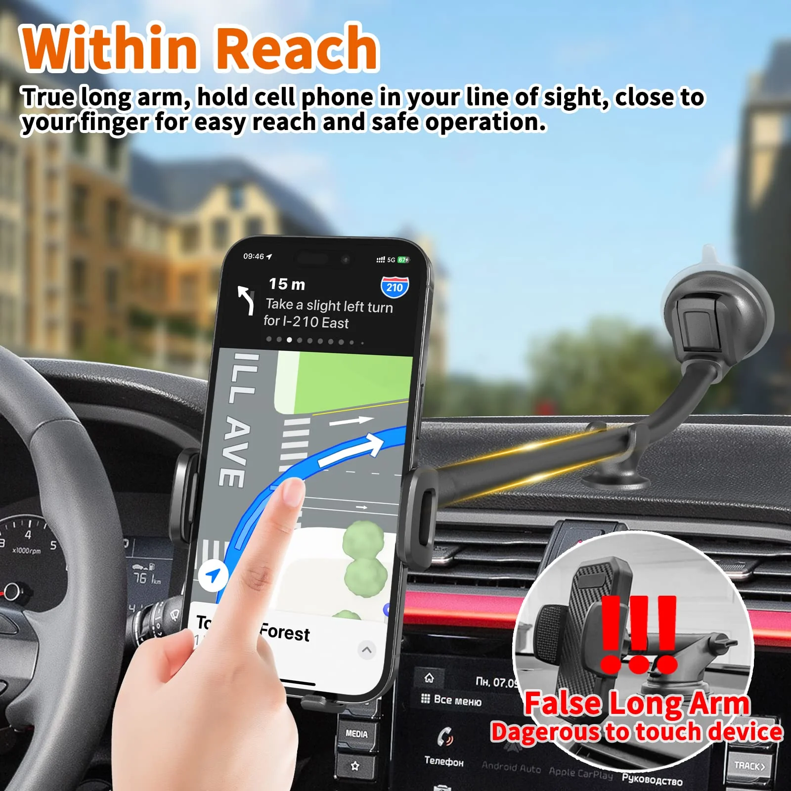 1Zero Solid Car Truck Phone Mount Holder with 14-Inch Gooseneck Long Arm, Windshield Window Mobile Holders w/Industrial-Strength Suction Cup, Anti-Shake Stabilizer Compatible All Cell Phones iPhone Black Mirror Surface with Silver Ring - Image 2