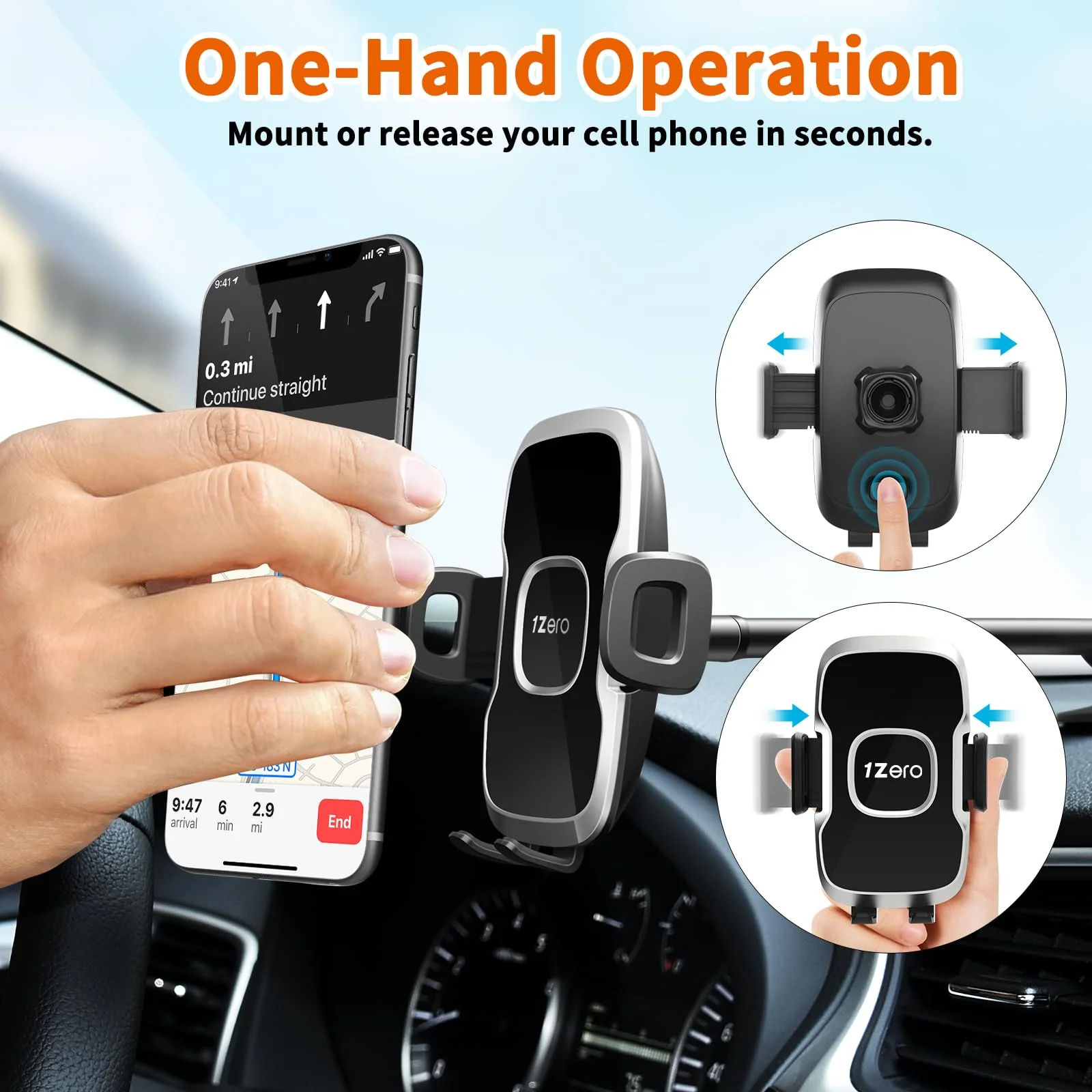 1Zero Solid Car Truck Phone Mount Holder with 14-Inch Gooseneck Long Arm, Windshield Window Mobile Holders w/Industrial-Strength Suction Cup, Anti-Shake Stabilizer Compatible All Cell Phones iPhone Black Mirror Surface with Silver Ring - Image 3