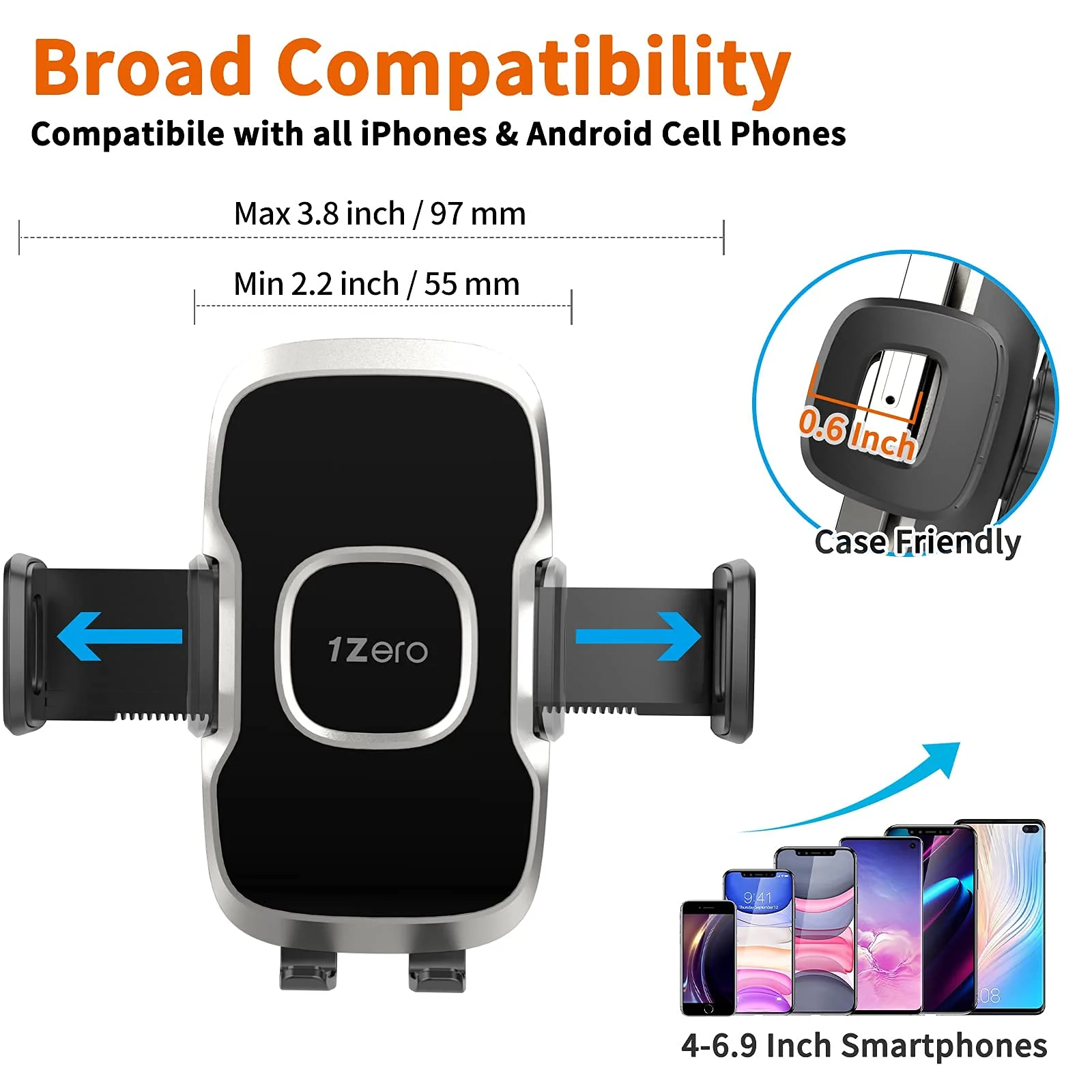 1Zero Solid Car Truck Phone Mount Holder with 14-Inch Gooseneck Long Arm, Windshield Window Mobile Holders w/Industrial-Strength Suction Cup, Anti-Shake Stabilizer Compatible All Cell Phones iPhone Black Mirror Surface with Silver Ring - Image 5