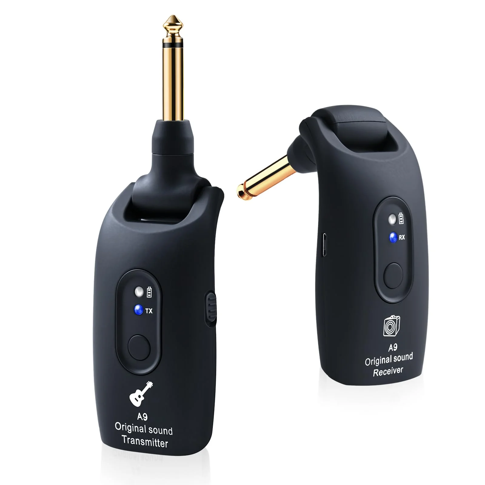 2.4GHz Wireless Guitar System Rechargeable Audio Wireless Transmitter Receiver for Guitar Bass Electric Instruments,Over 30m/100 Feet Transmission,270°Rotatable,4hours Woring Time(A9 Black)