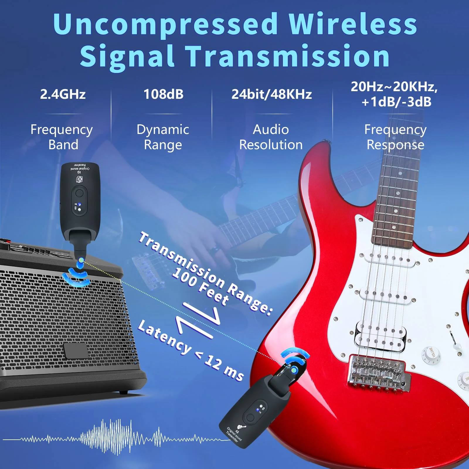 2.4GHz Wireless Guitar System Rechargeable Audio Wireless Transmitter Receiver for Guitar Bass Electric Instruments,Over 30m/100 Feet Transmission,270°Rotatable,4hours Woring Time(A9 Black) - Image 2