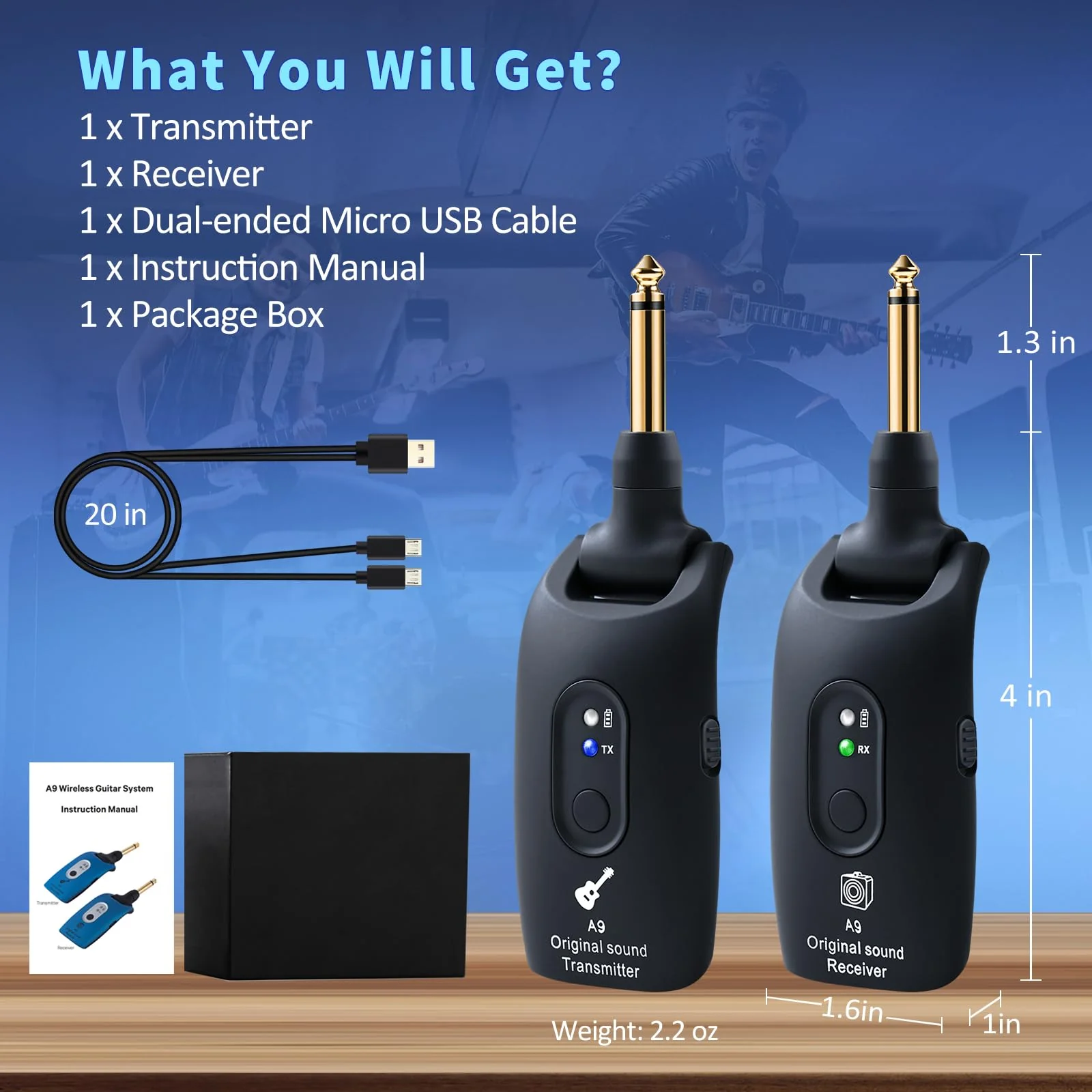 2.4GHz Wireless Guitar System Rechargeable Audio Wireless Transmitter Receiver for Guitar Bass Electric Instruments,Over 30m/100 Feet Transmission,270°Rotatable,4hours Woring Time(A9 Black) - Image 8
