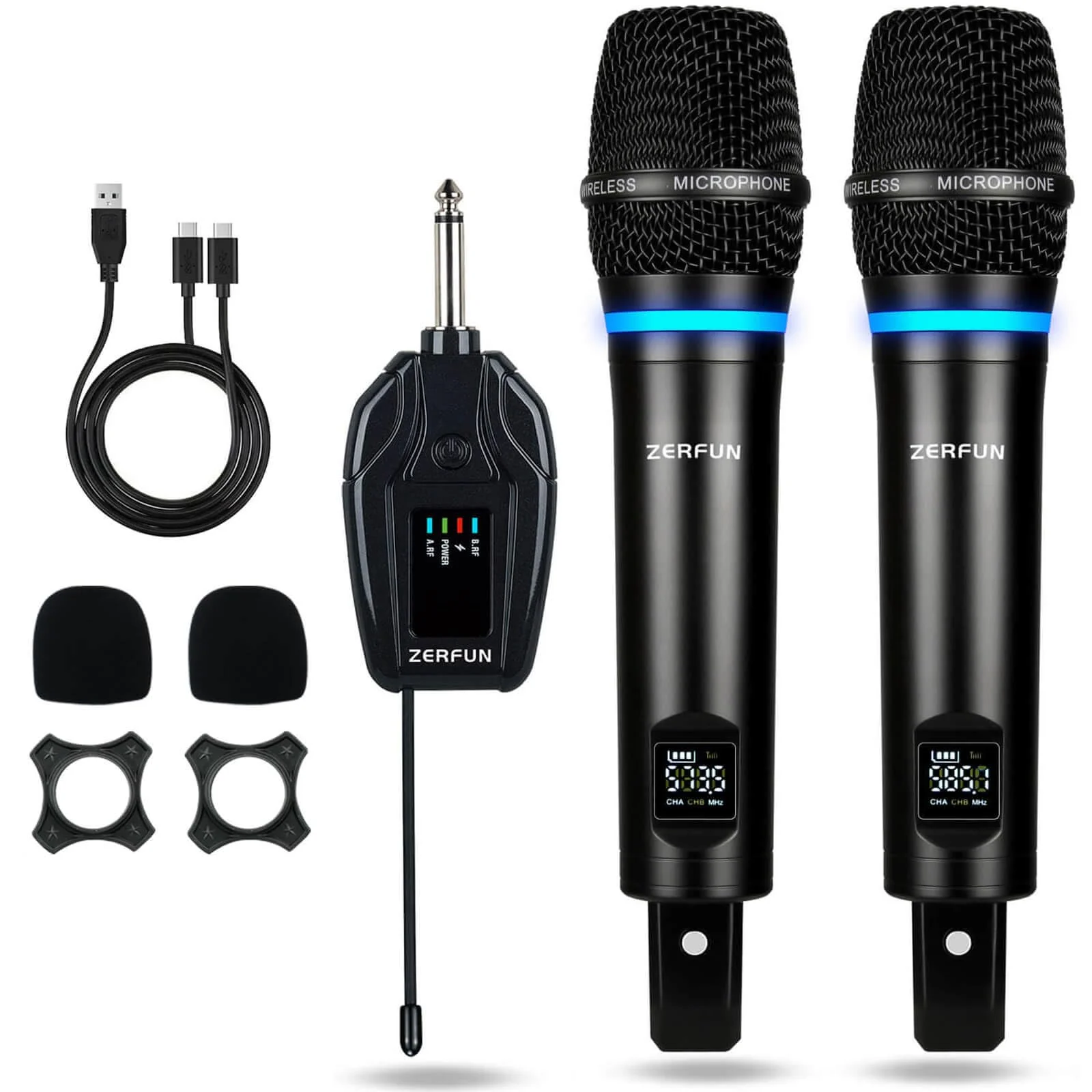 2 Channel Rechargeable Wireless Microphone System, Pro UHF Metal Handheld Wireless Microphones Cordless Mics with Mini Receiver, Channel Control for Karaoke Singing Church Rechargeable WM-2 2 Handheld