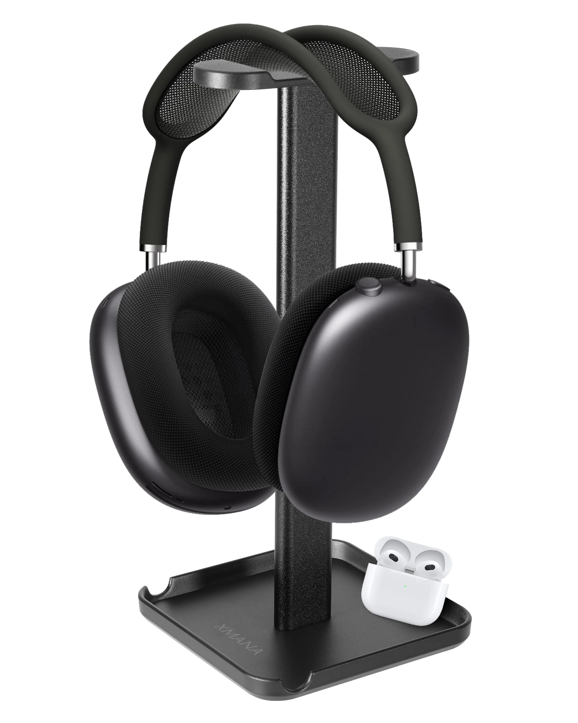 2-in-1 Aluminum Headphone Stand & Phone Holder Rack - Sleek, Sturdy & Ergonomic Design Gaming Headset Stand for Desk Organization - Gamer Gifts (Black) Black