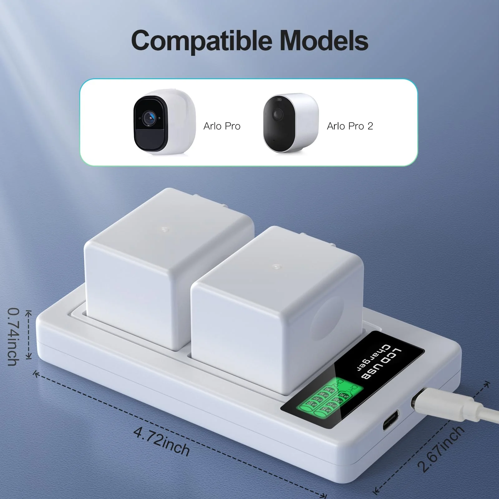2-Pack Batteries Compatible with Arlo Pro, Arlo Pro 2 Cameras VMA4400, with LCD Dual Charger Station and USB C Cable (7.2V 2440mAh) - Image 2