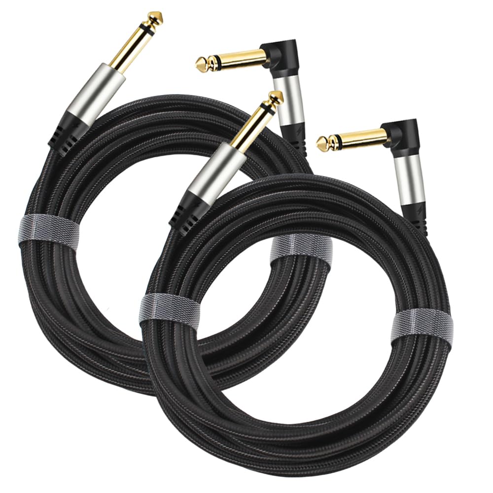 2-Pack Guitar Cables 1/4 Inch 6.35mm Male to Male Jack Right Angle to Straight Nylon Braided TS Mono Instrument Cable (16FT) 16FT
