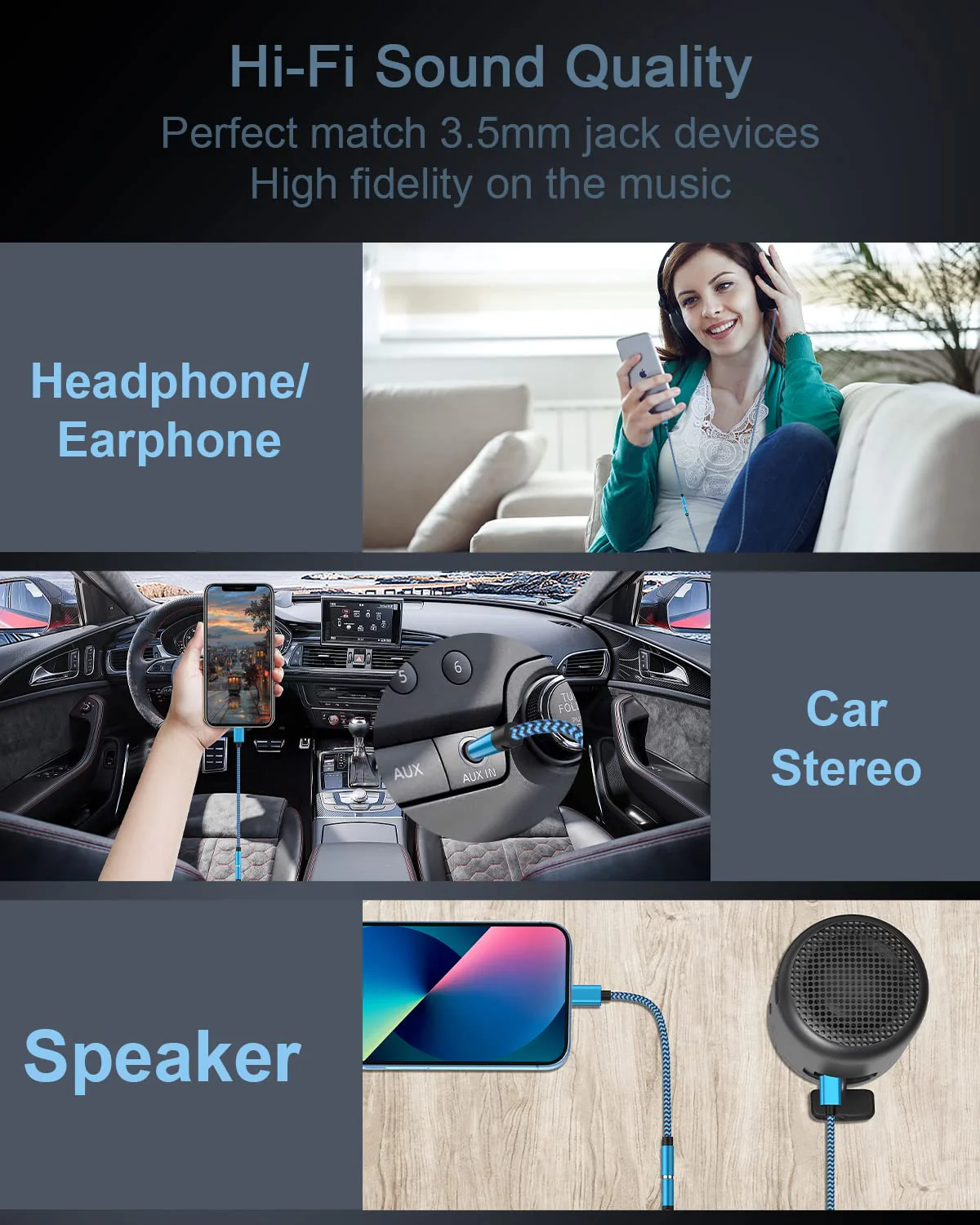 2-Pack Lightning to 3.5mm Aux Adapter, Headphone Adapter for Aux Cord [Apple MFI Certified] 3.5mm Jack Aux Audio Adapter Dongle for iPhone 14 13 12 11 Pro Max Plus Mini XR XS 8 iPad iPod 2*Blue, Purple - Image 6