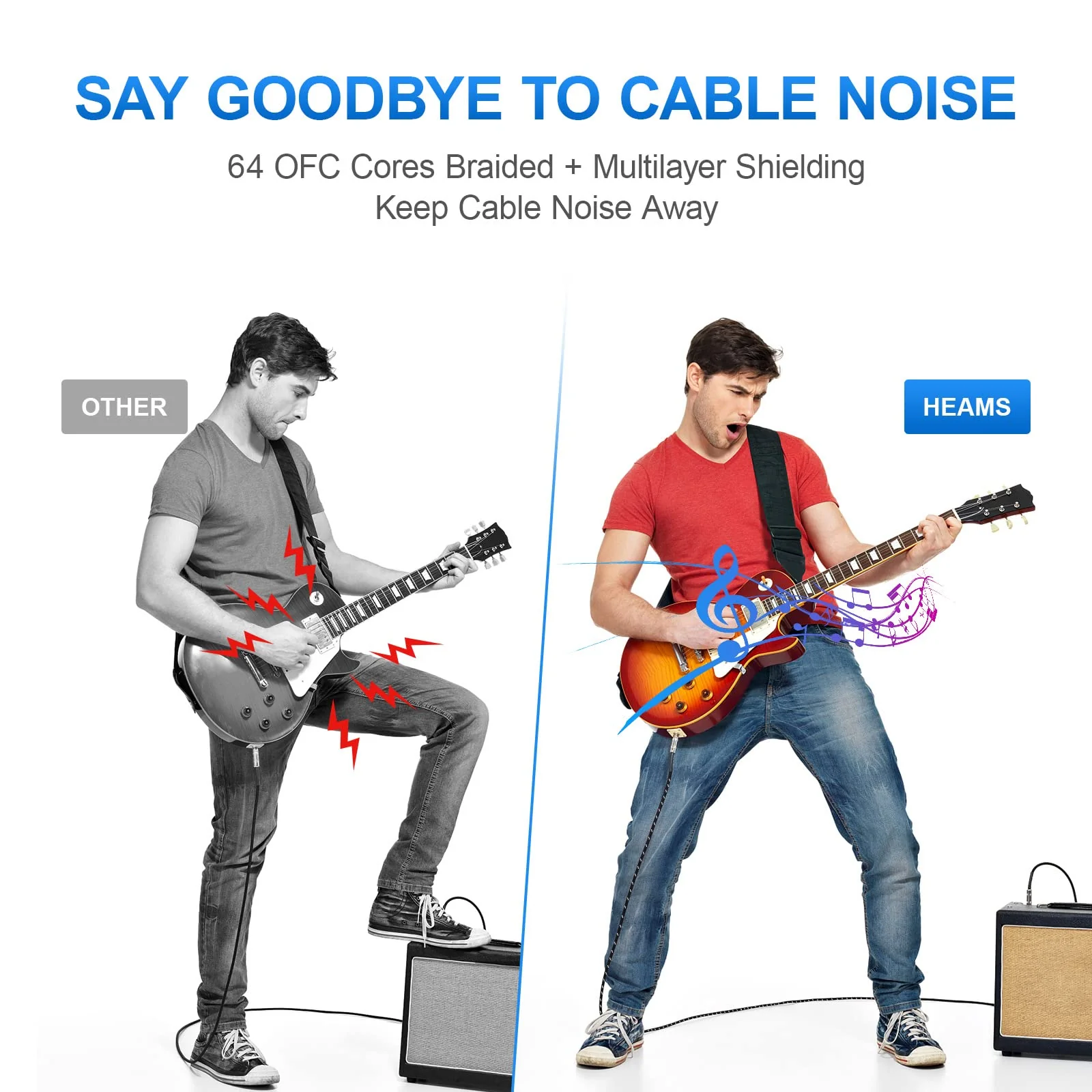2 Pack Premium 10 FT Guitar Cable, 1/4 Inch Instrument Cable- Noise Free and Long-lasting Guitar Chord- AMP Cord for Bass, Electric Guitar, Electric Mandolin, Right Angle 10FT 2PK Right Angle to Straight Angle Black White - Image 3