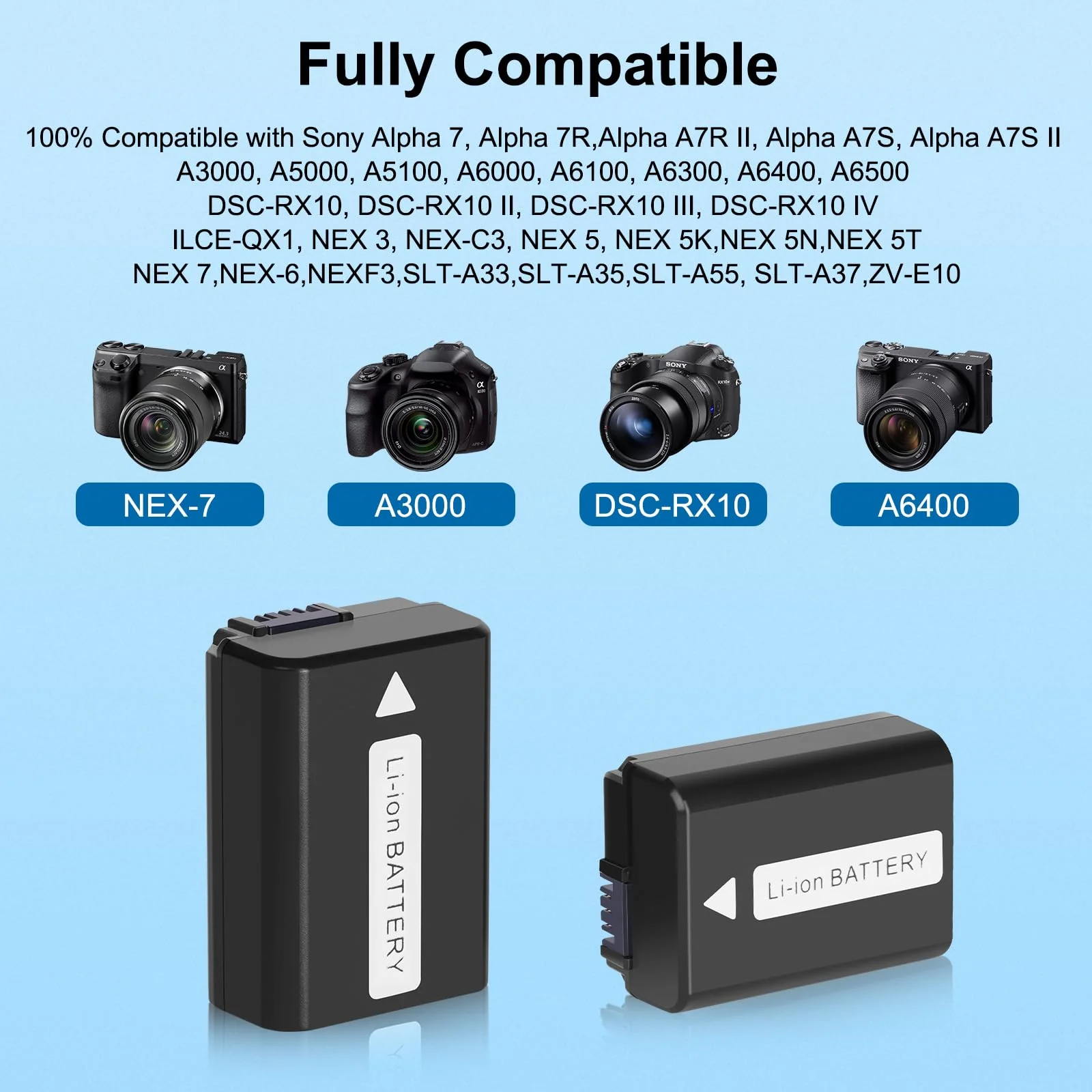 2 Pack Replacement NP-FW50 Battery and Charger for Sony Alpha a6500 a6300 a6000 a7 a7s a5100 a5000 a7r a7rii Cameras - Image 2