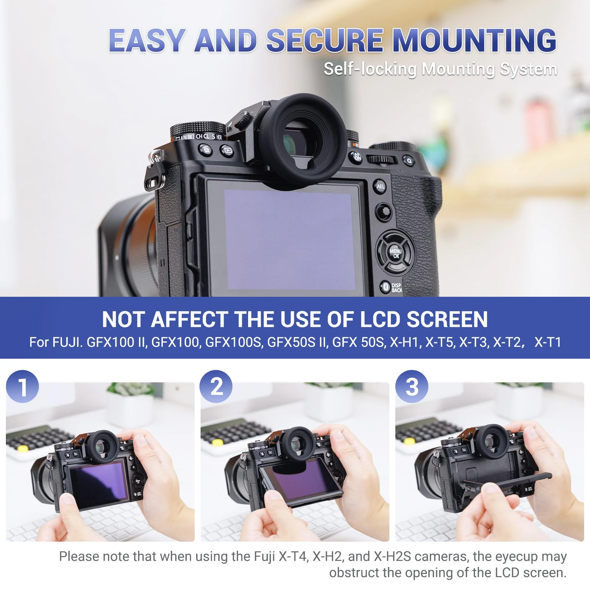 2 Pack Soft Silicone Camera Viewfinder Eyepiece Eye Cup for Fujifilm Fuji GFX100 II GFX100 GFX100S GFX50S II GFX 50S X-H2S X-H2 X-H1 X-T5 X-T4 X-T3 X-T2 X-T1, Replace Fujifilm EC-GFX Eye Cup - Image 3