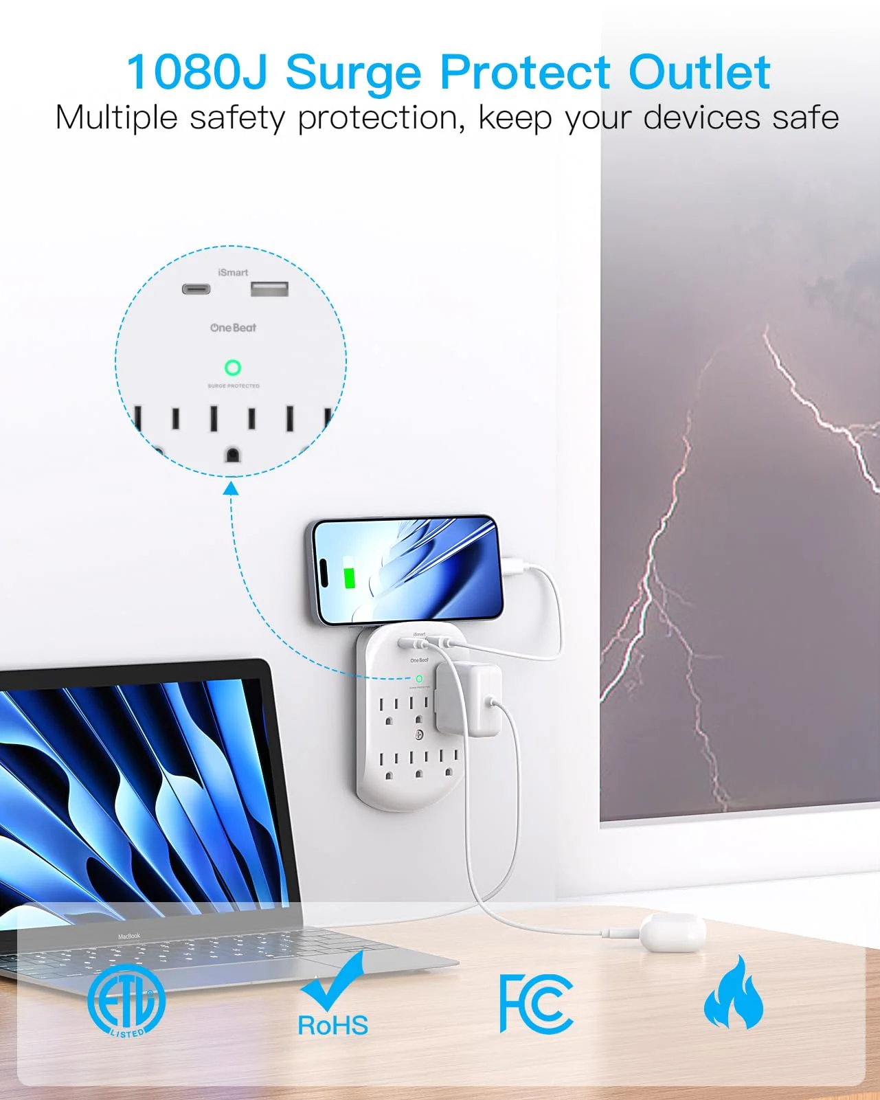 2 Pack Surge Protector Outlet, Multi Plug Outlet Adapter with 6 Wall Outlets 2 USB Wall Charger (1 USB C Port), Wall Outlet Extender, Multiple Outlet Wall Plug Splitter for Home Office Dorm Room - Image 4