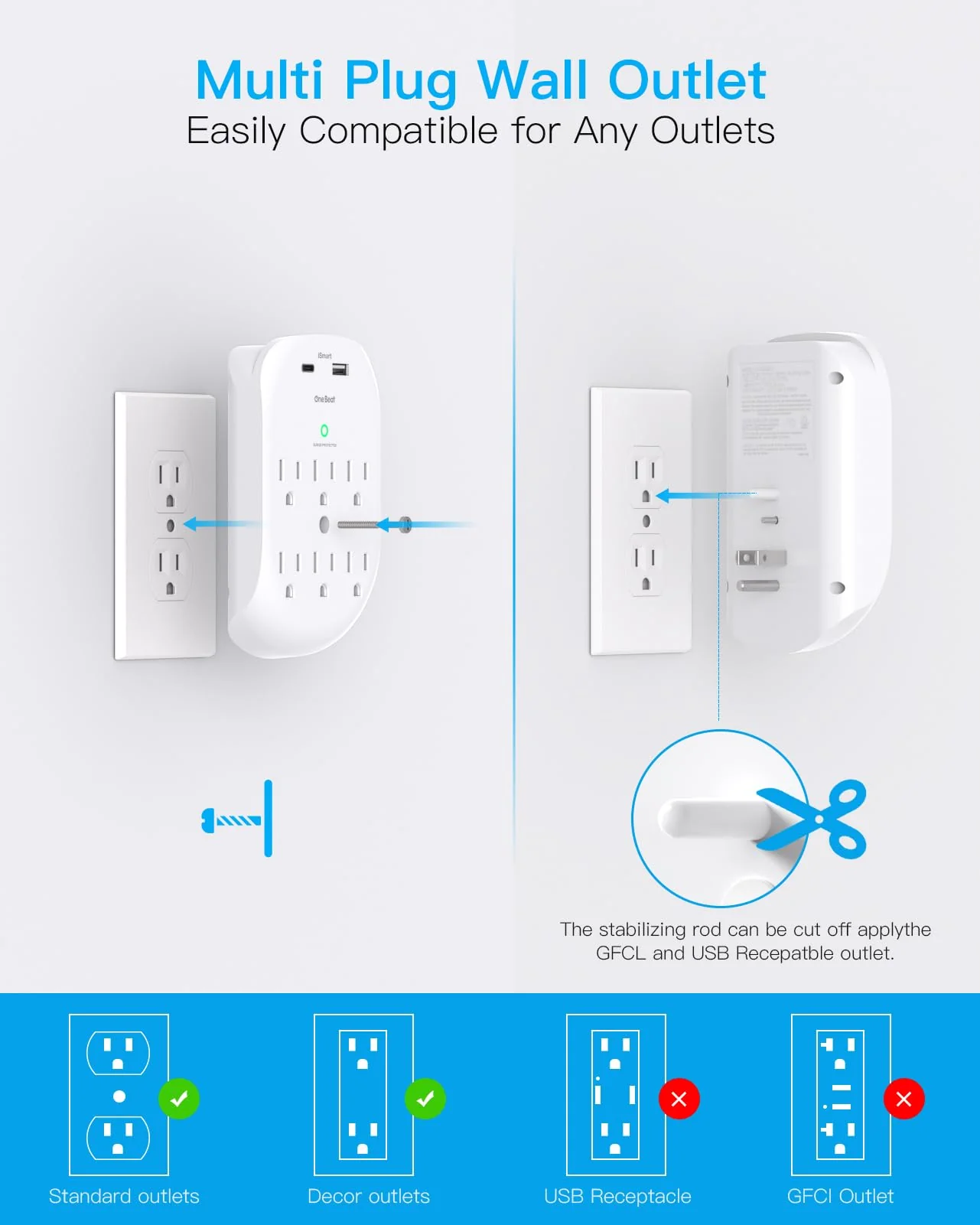 2 Pack Surge Protector Outlet, Multi Plug Outlet Adapter with 6 Wall Outlets 2 USB Wall Charger (1 USB C Port), Wall Outlet Extender, Multiple Outlet Wall Plug Splitter for Home Office Dorm Room - Image 6