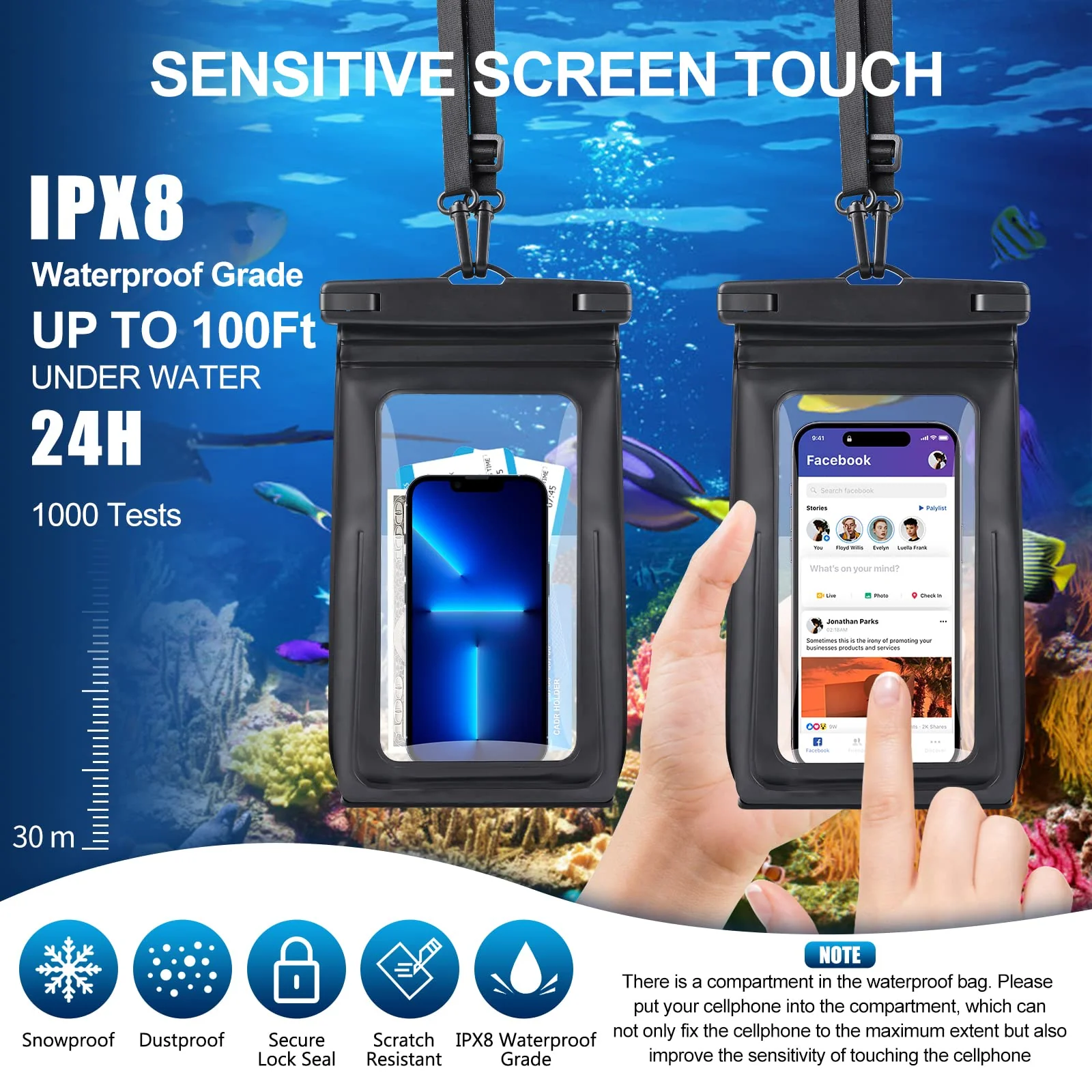 2 Pack Waterproof Phone Pouch Floating Large Waterproof Cellphone Dry Bag Case for iPhone 14 13 12 11 Pro Max XS XR X Galaxy S21 Samsung S22 Up to 7", PVC IPX8 Underwater HD Touch Phone Protector Black+Black - Image 3