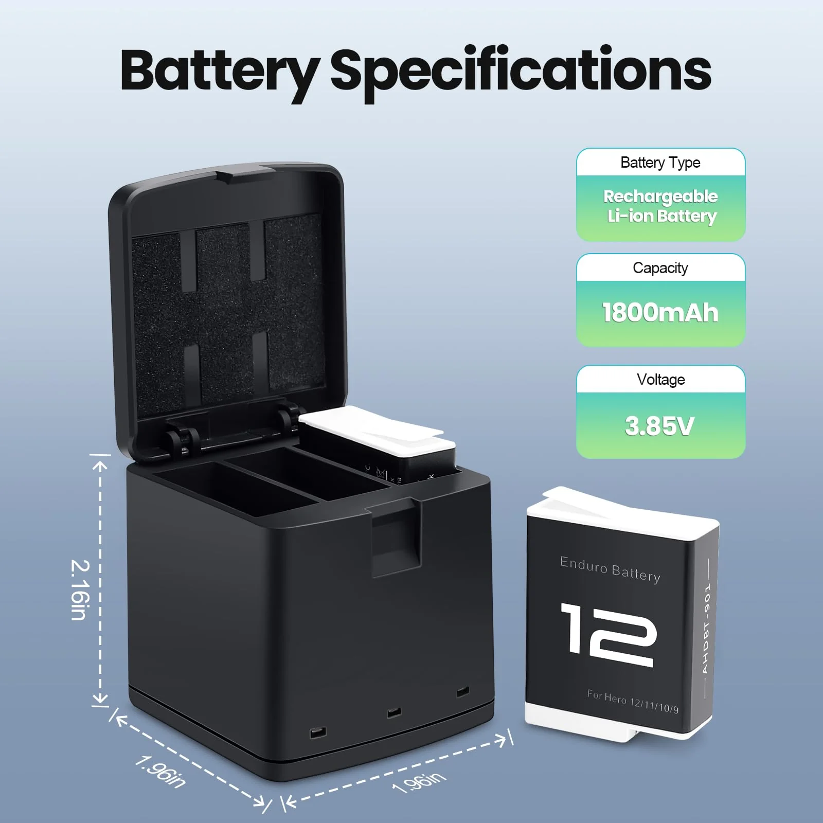 2 Packs Batteries 1800mAh for GoPro HERO 12 Black with 3 Channel Battery Charging Station Compatible with GoPro HERO 12, GoPro HERO 11, GoPro HERO 10, GoPro HERO 9 Black Camera - Image 2