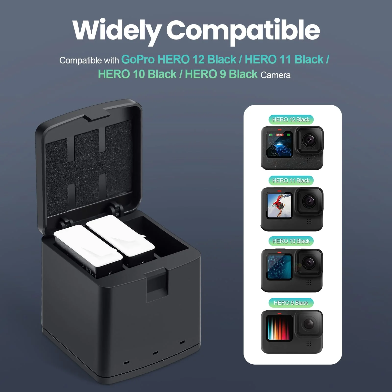 2 Packs Batteries 1800mAh for GoPro HERO 12 Black with 3 Channel Battery Charging Station Compatible with GoPro HERO 12, GoPro HERO 11, GoPro HERO 10, GoPro HERO 9 Black Camera - Image 3