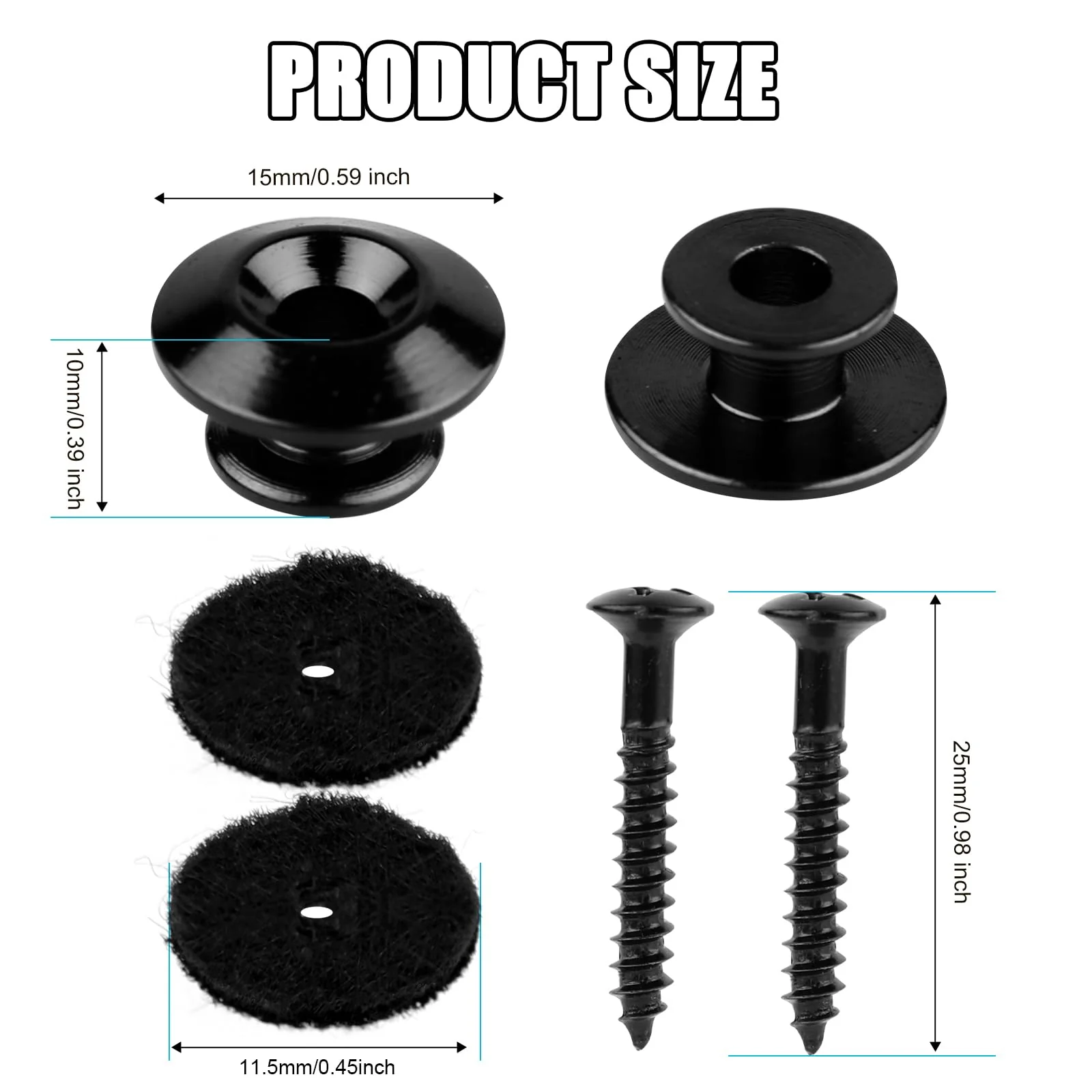 2 Packs Guitar Strap Buttons, Copper Acoustic Guitar Strap Locks Pins End with Screws and Felt Pads Guitar Straplock Peg Guitar Strap Accessories for Electric Guitar Ukulele Bass (Black) black - Image 2