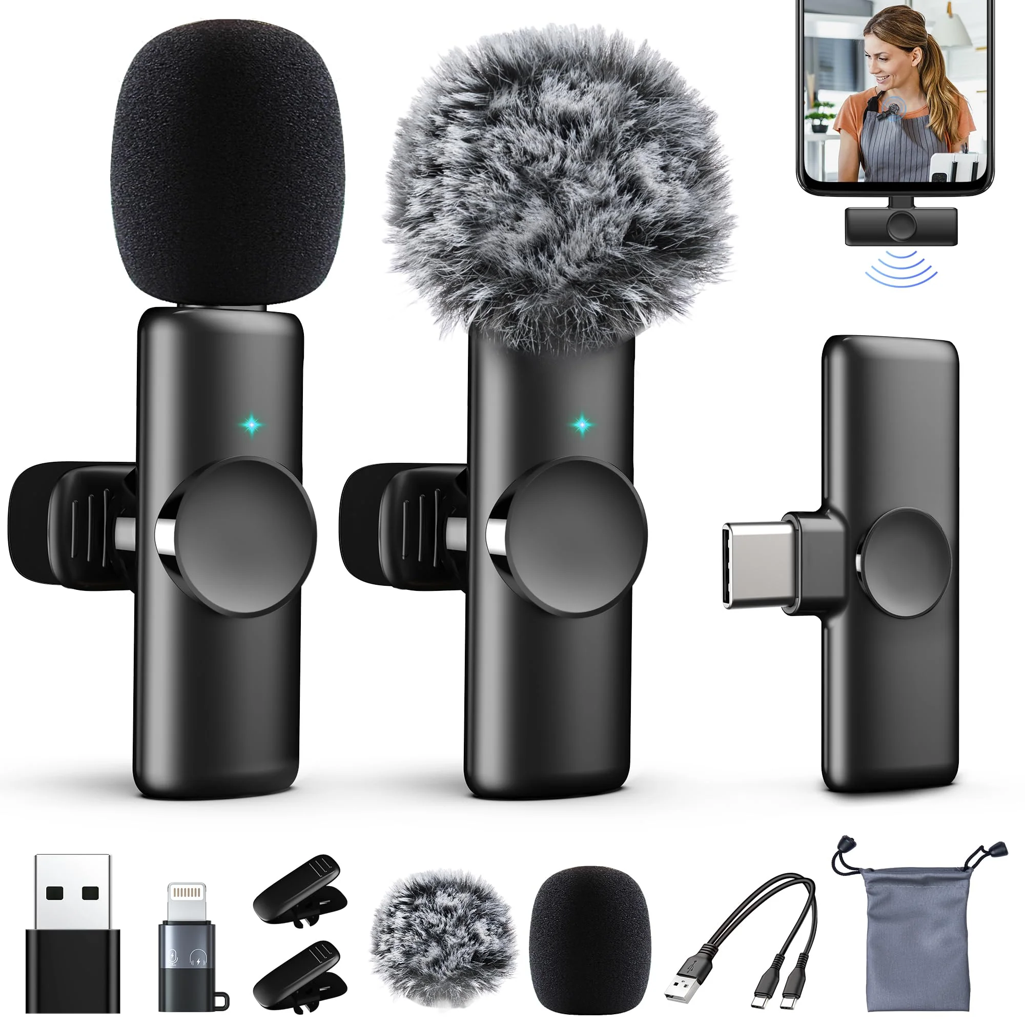 2 Packs Wireless Lavalier Microphone for iPhone 15/iPad/Android/Phone/PC/Laptop, Plug-Play Mini Mic with Noise Reduction, Lapel USB C Microphone for Video Recording, Interview, Vlogging 2-Pack
