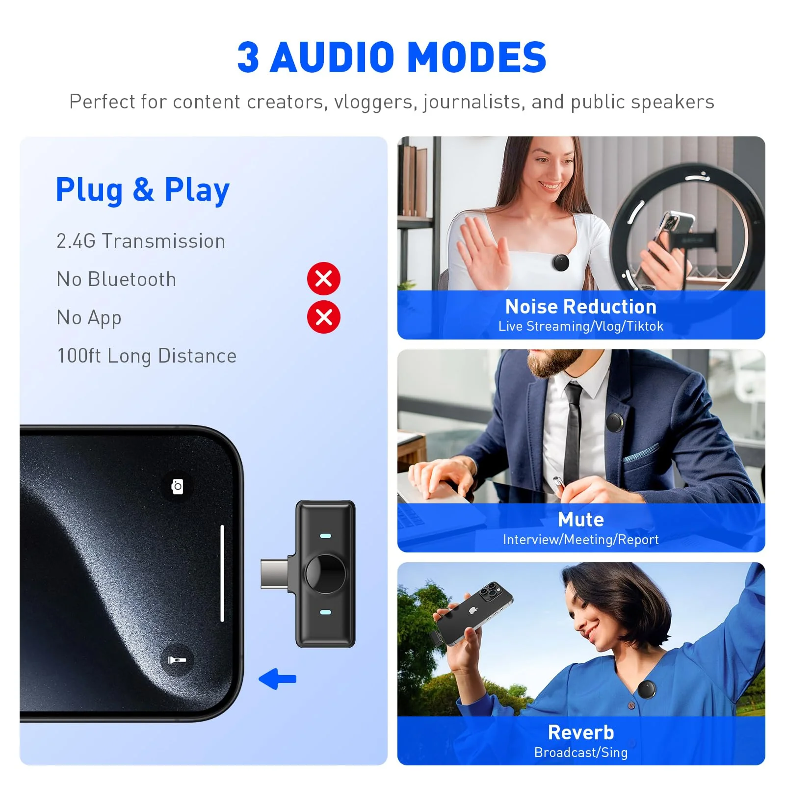 2 Pcs Mini Microphone 3 Receivers for iPhone 17-15-7/Android/Tablet/Computer/Camera, DSP Noise Reduction, Echo, Mute, 30H Case, Clip-on Wireless Lavi Mics for TikTok/Live Streaming/Podcast/Interviews - Image 6