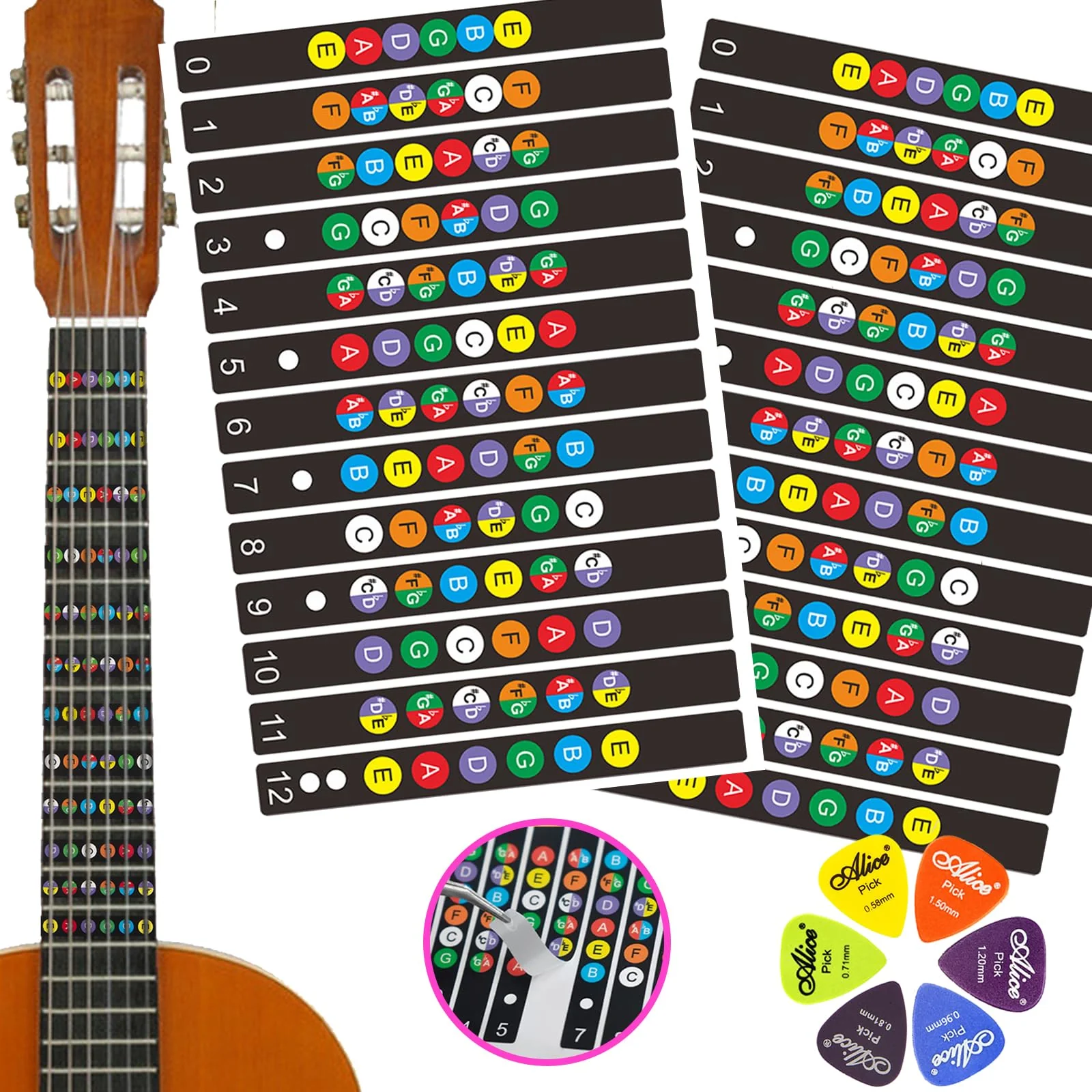 2 PCs Self Adhesive Guitar Fretboard Stickers & 6 Picks - Color Coded Note Decals Fingerboard Frets - Best Guitar learning Tools for Beginner Learner 2 Guitar Fretboard Stickers & 6 Picks