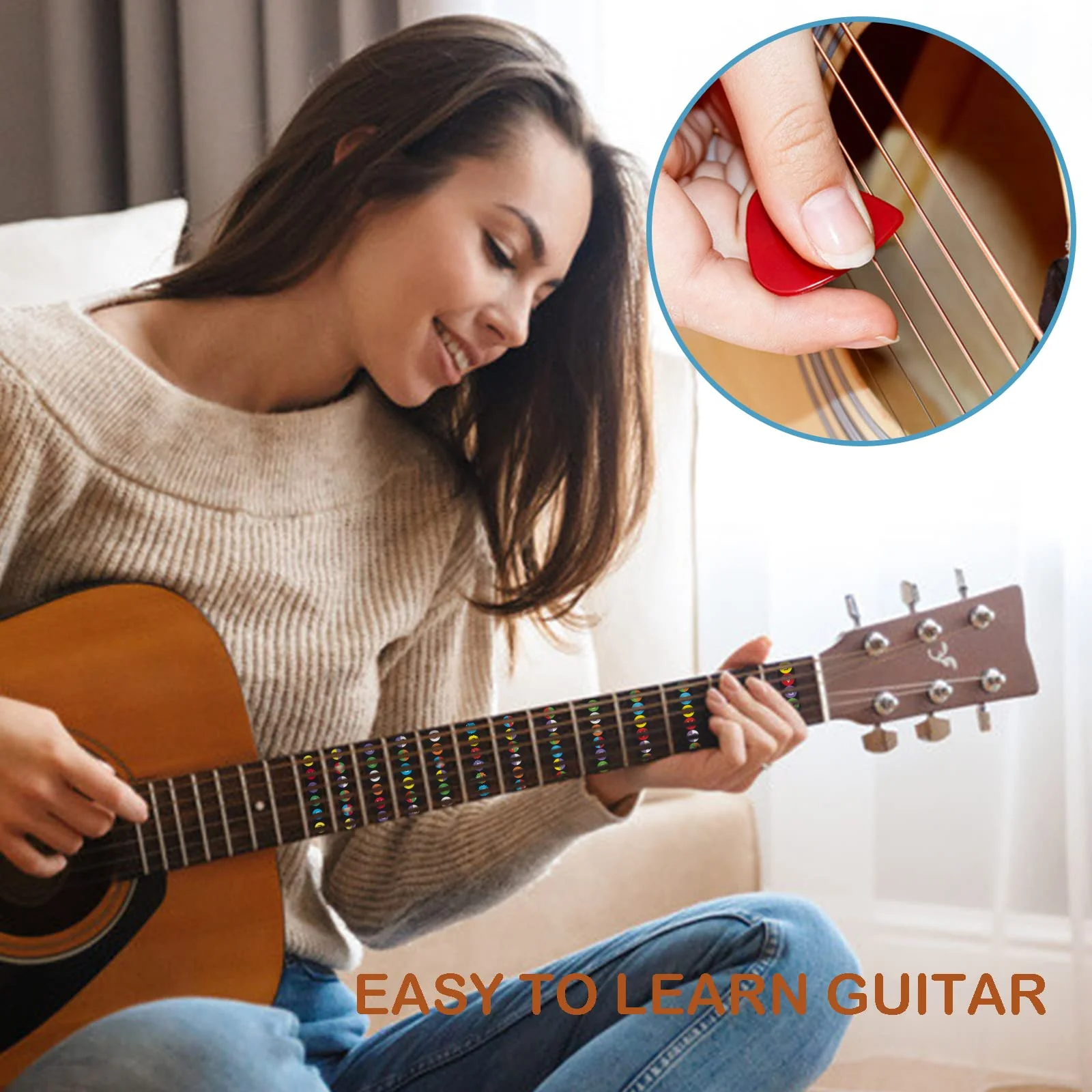 2 PCs Self Adhesive Guitar Fretboard Stickers & 6 Picks - Color Coded Note Decals Fingerboard Frets - Best Guitar learning Tools for Beginner Learner 2 Guitar Fretboard Stickers & 6 Picks - Image 2
